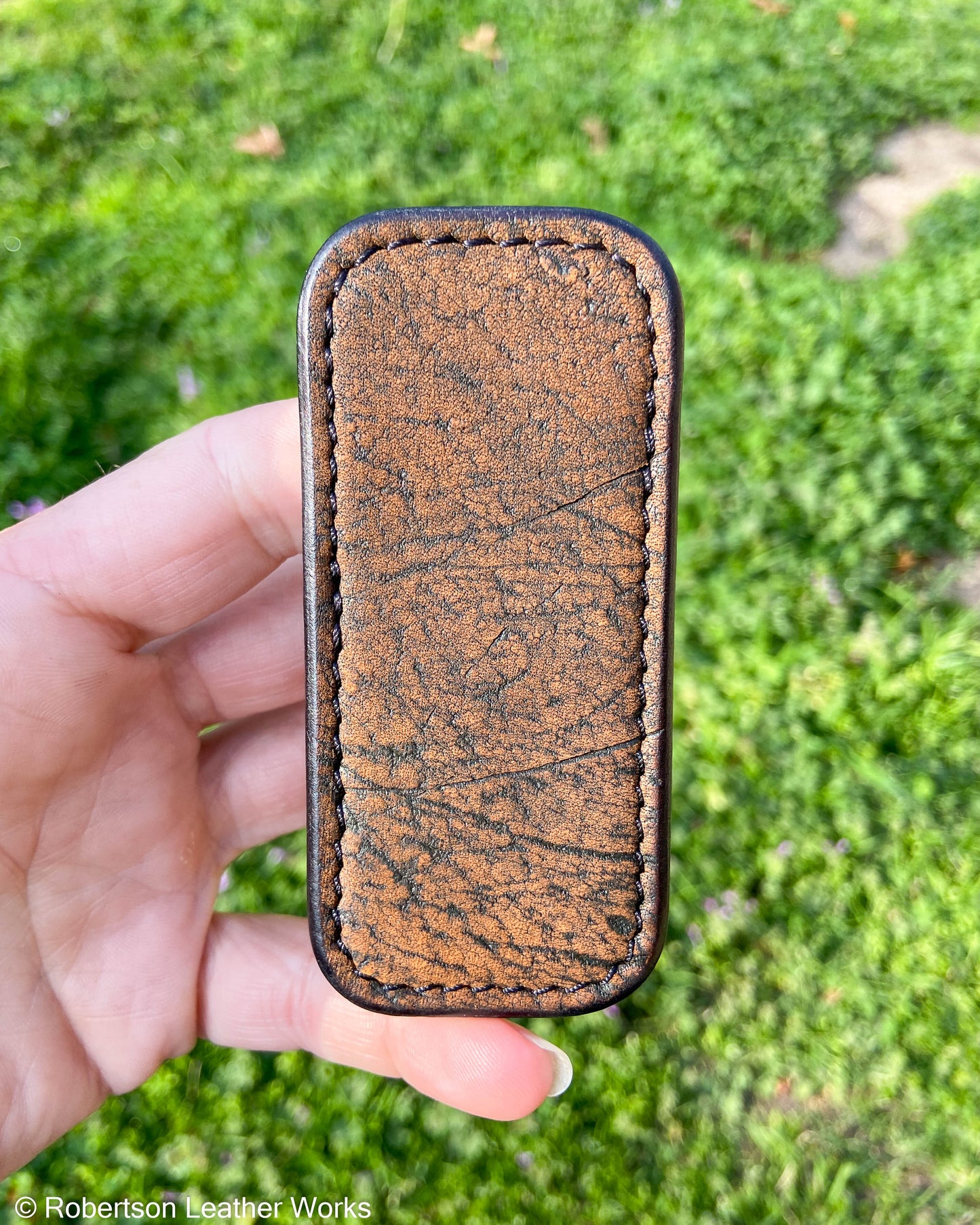 Micro Cognac Safari Giraffe Leather Knife Slip, Black Stitching