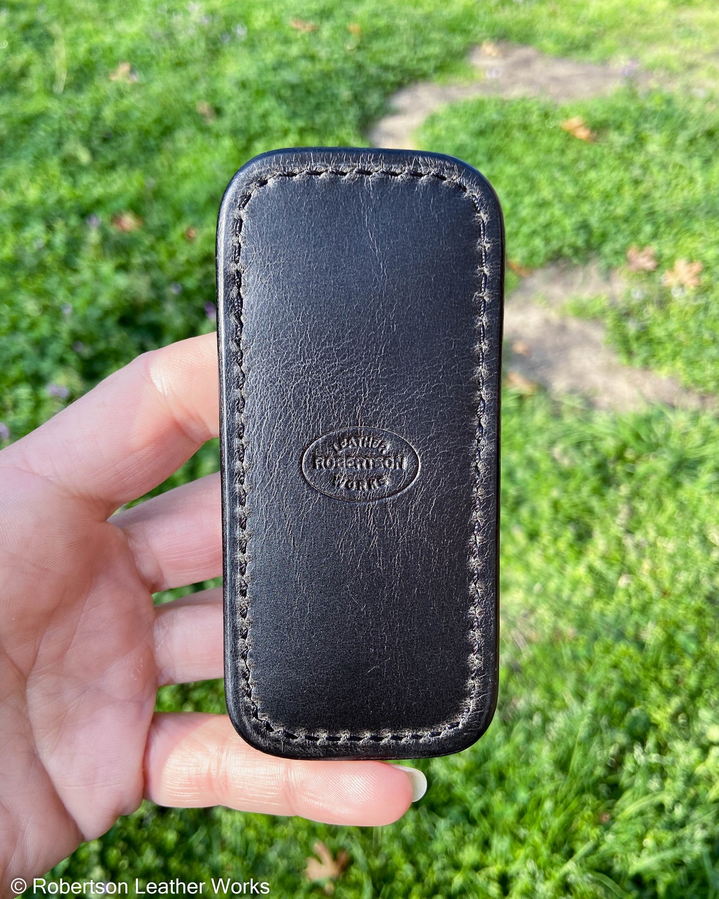 Small Denim Safari Cape Buffalo Leather Knife Slip, Black Stitching