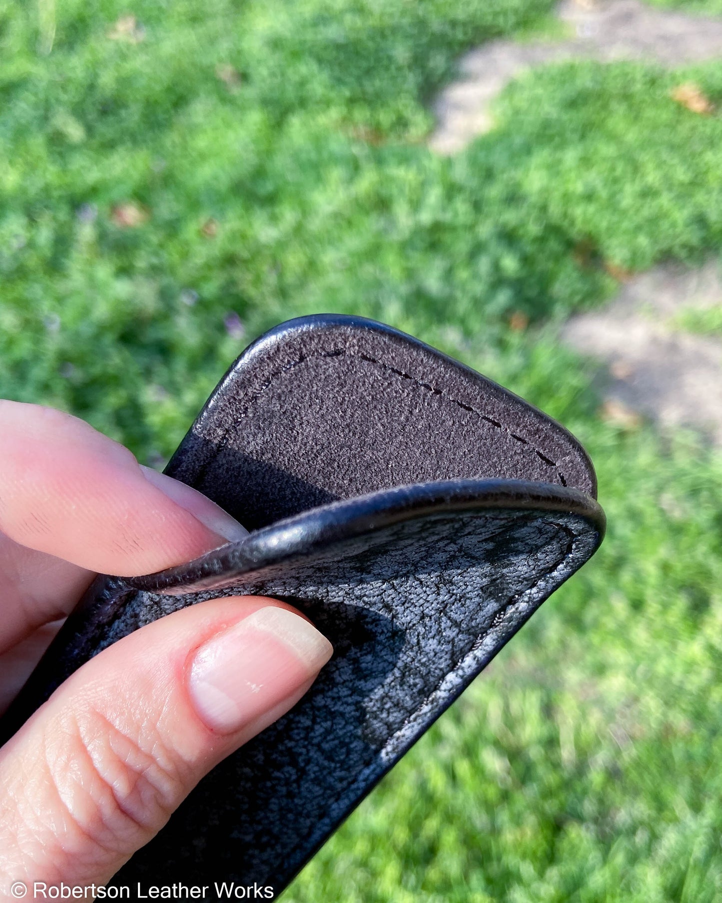 Small Denim Safari Cape Buffalo Leather Knife Slip, Black Stitching