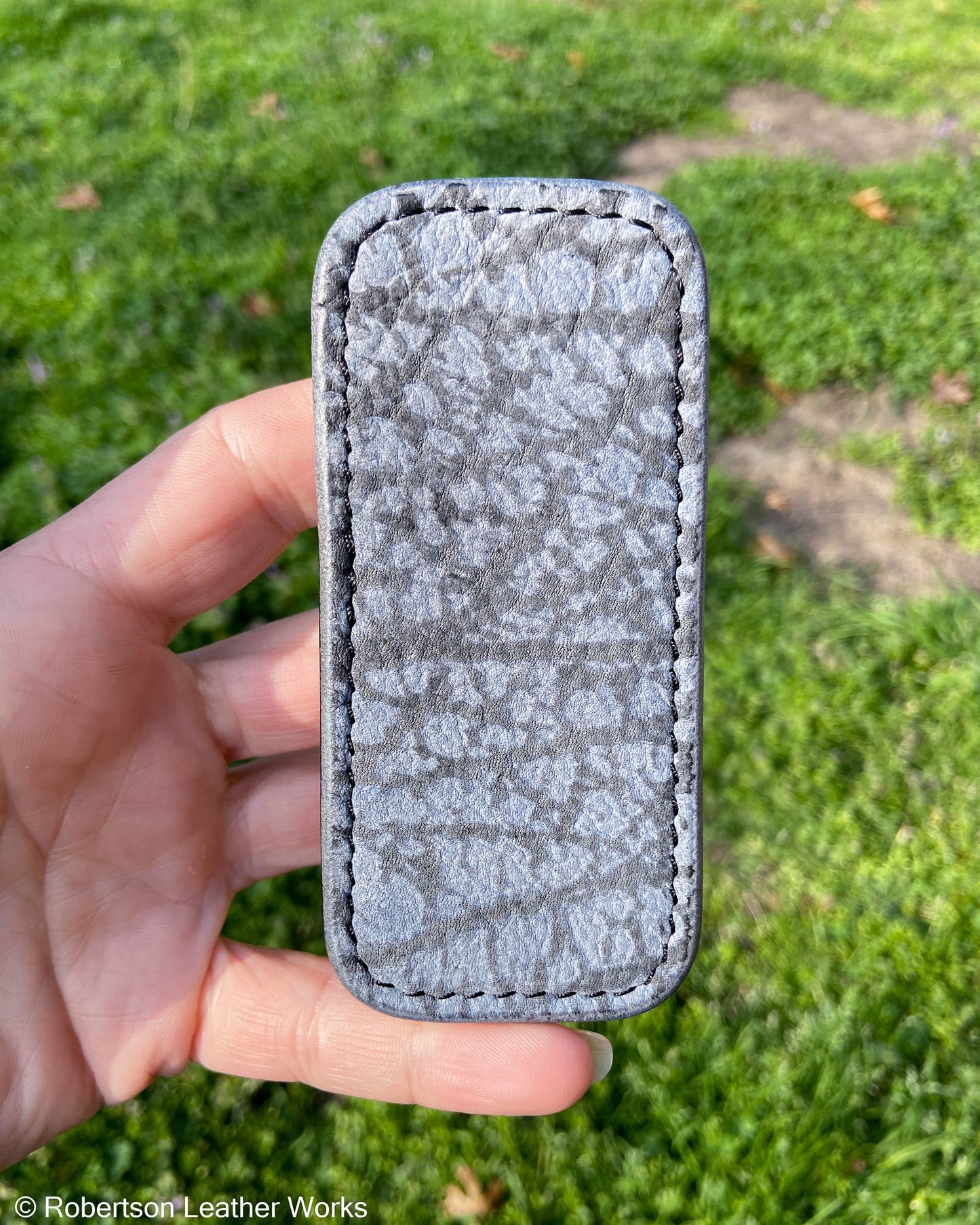 Small Light Blue Giraffe Leather Knife Slip, Black Stitching