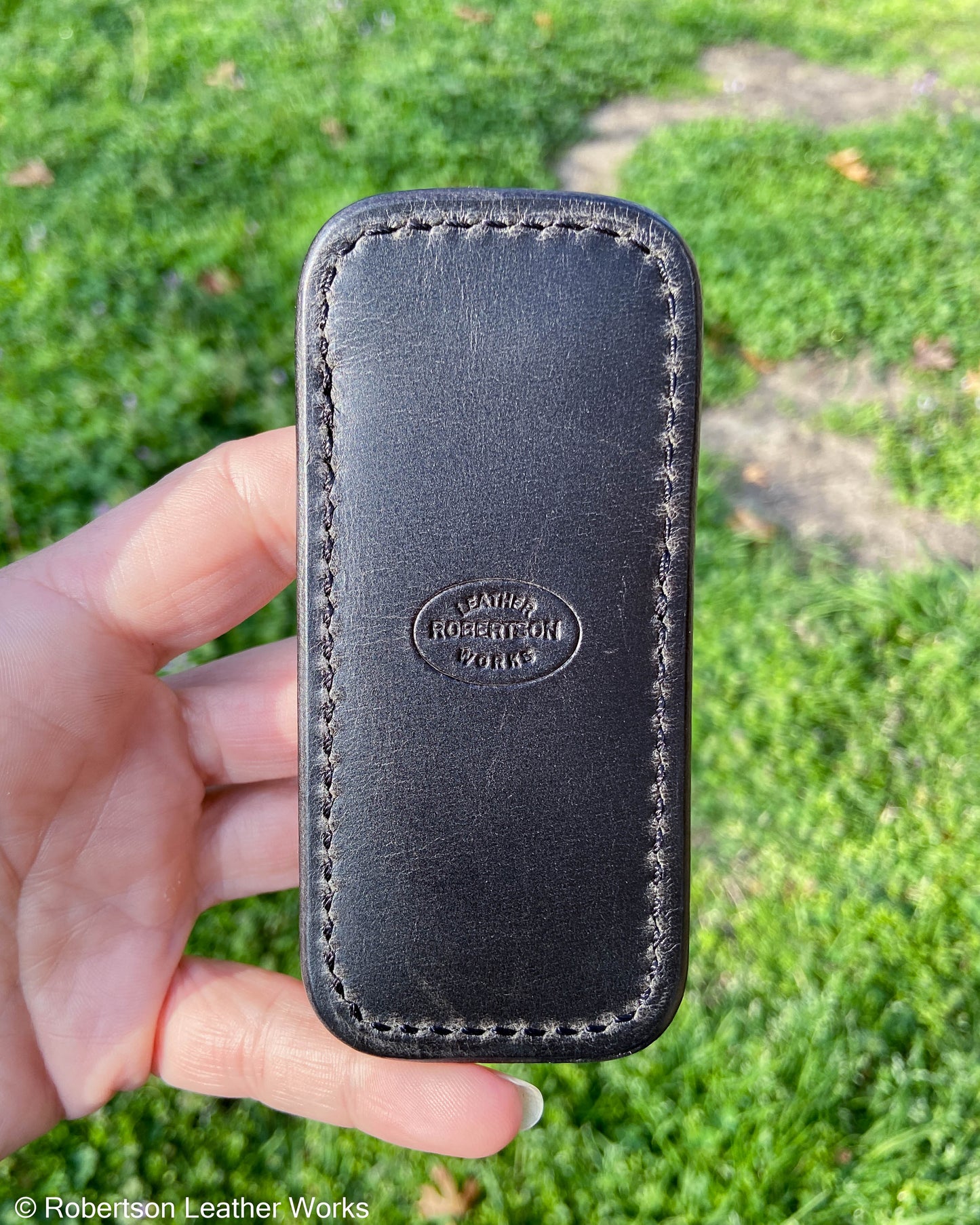 Small Light Blue Giraffe Leather Knife Slip, Black Stitching