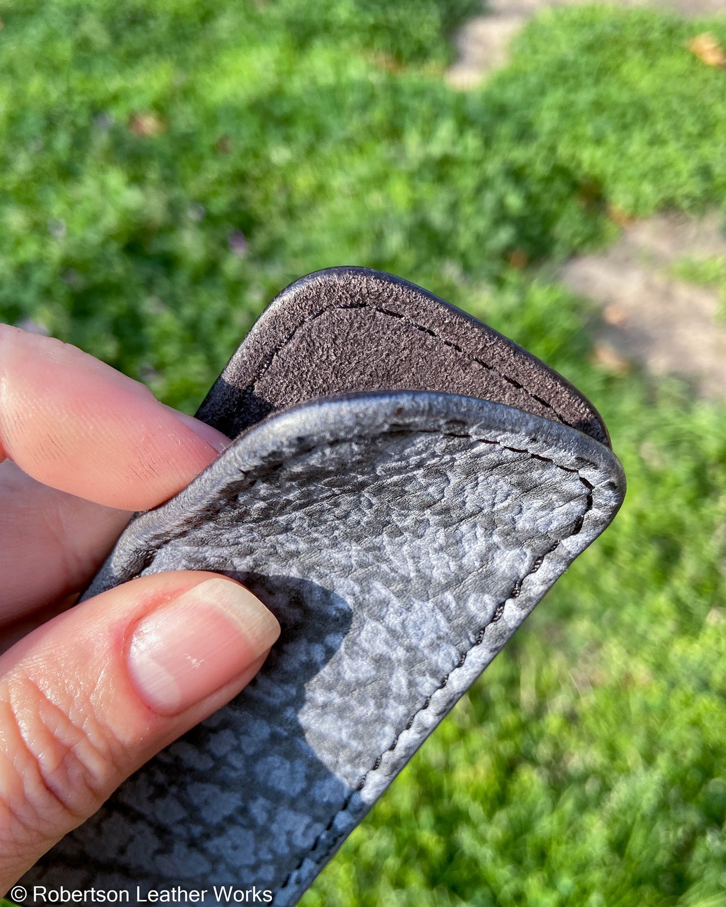 Small Light Blue Giraffe Leather Knife Slip, Black Stitching