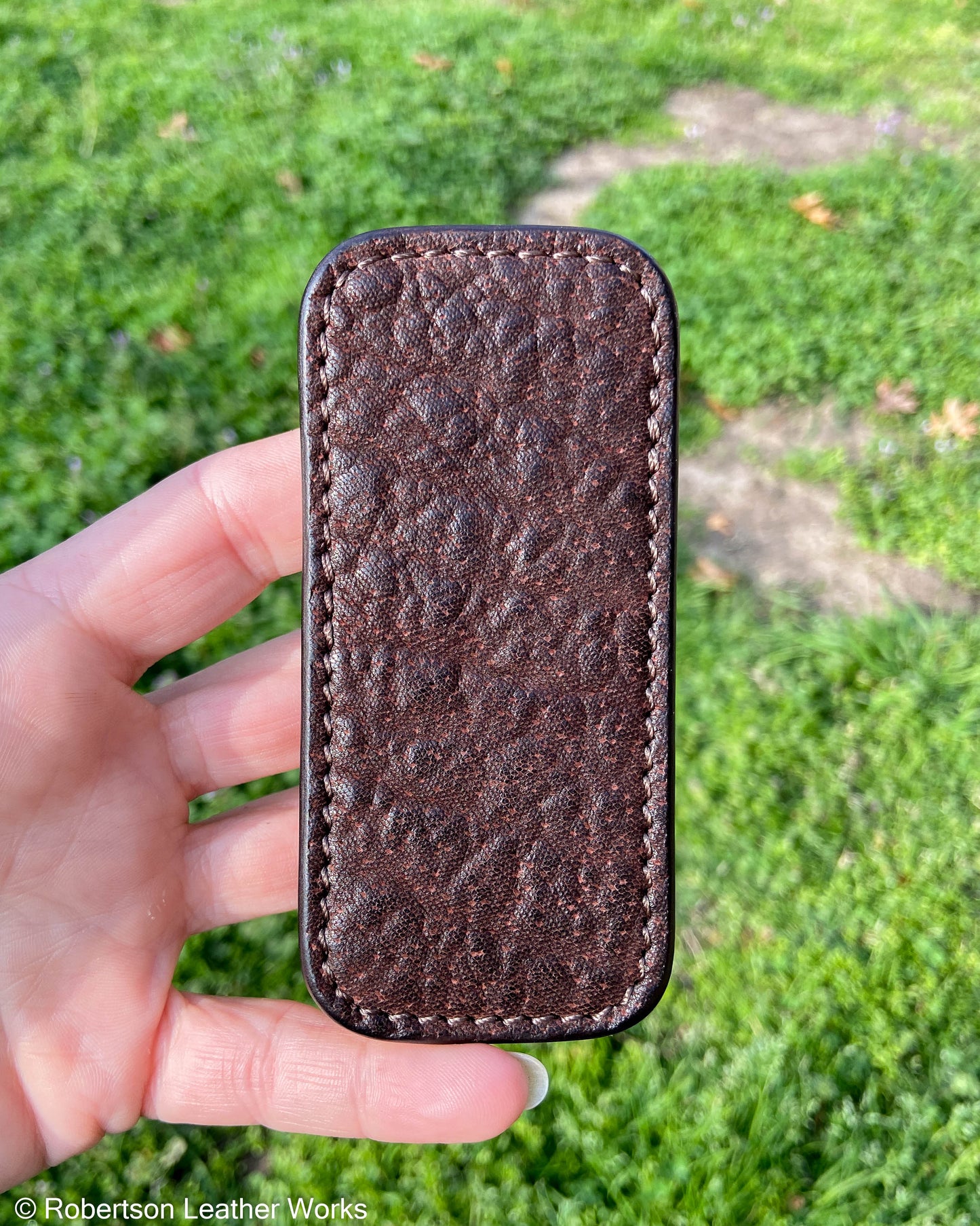 Small Dark Brown Shark Leather Knife Slip, Brown Stitching