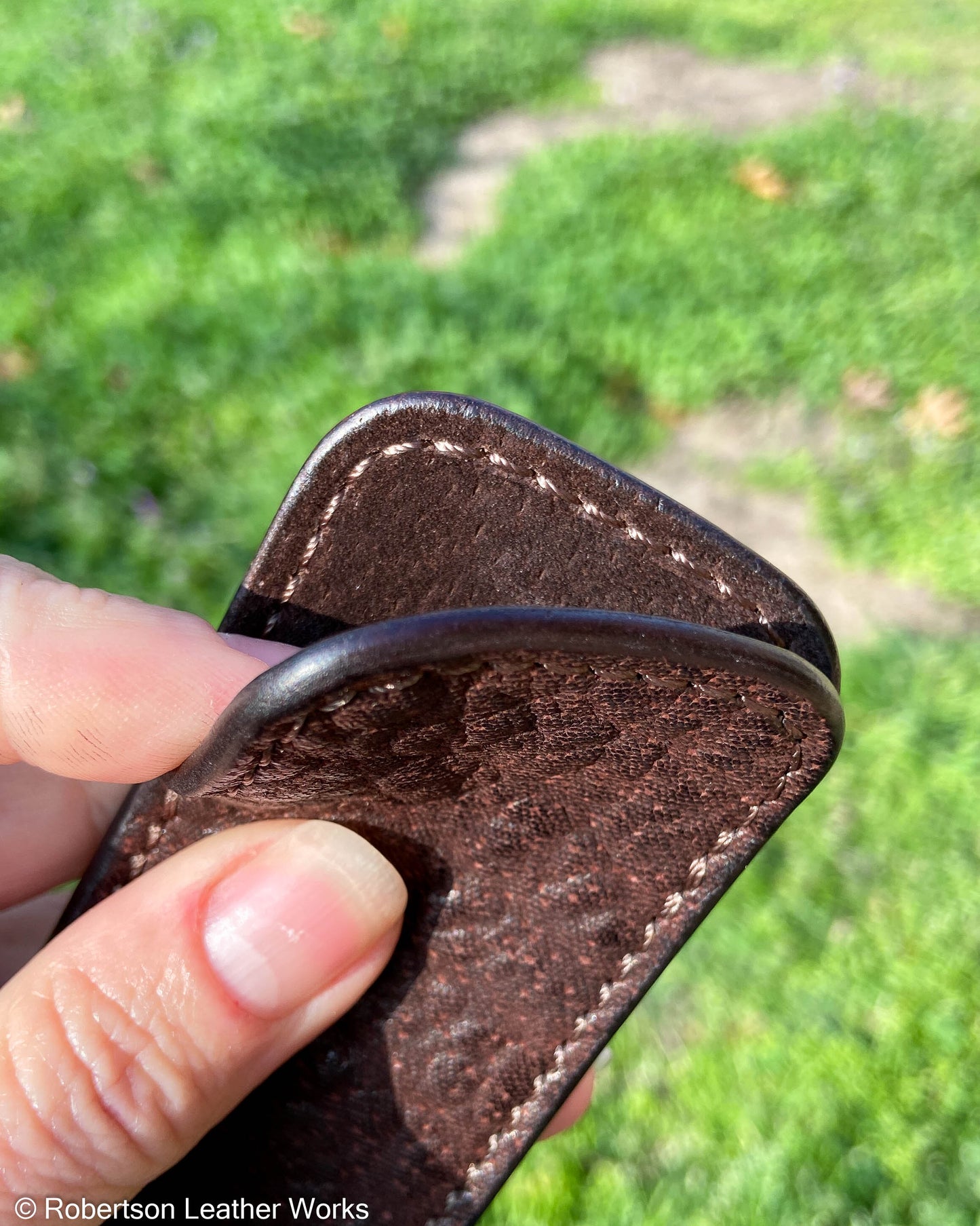 Small Dark Brown Shark Leather Knife Slip, Brown Stitching