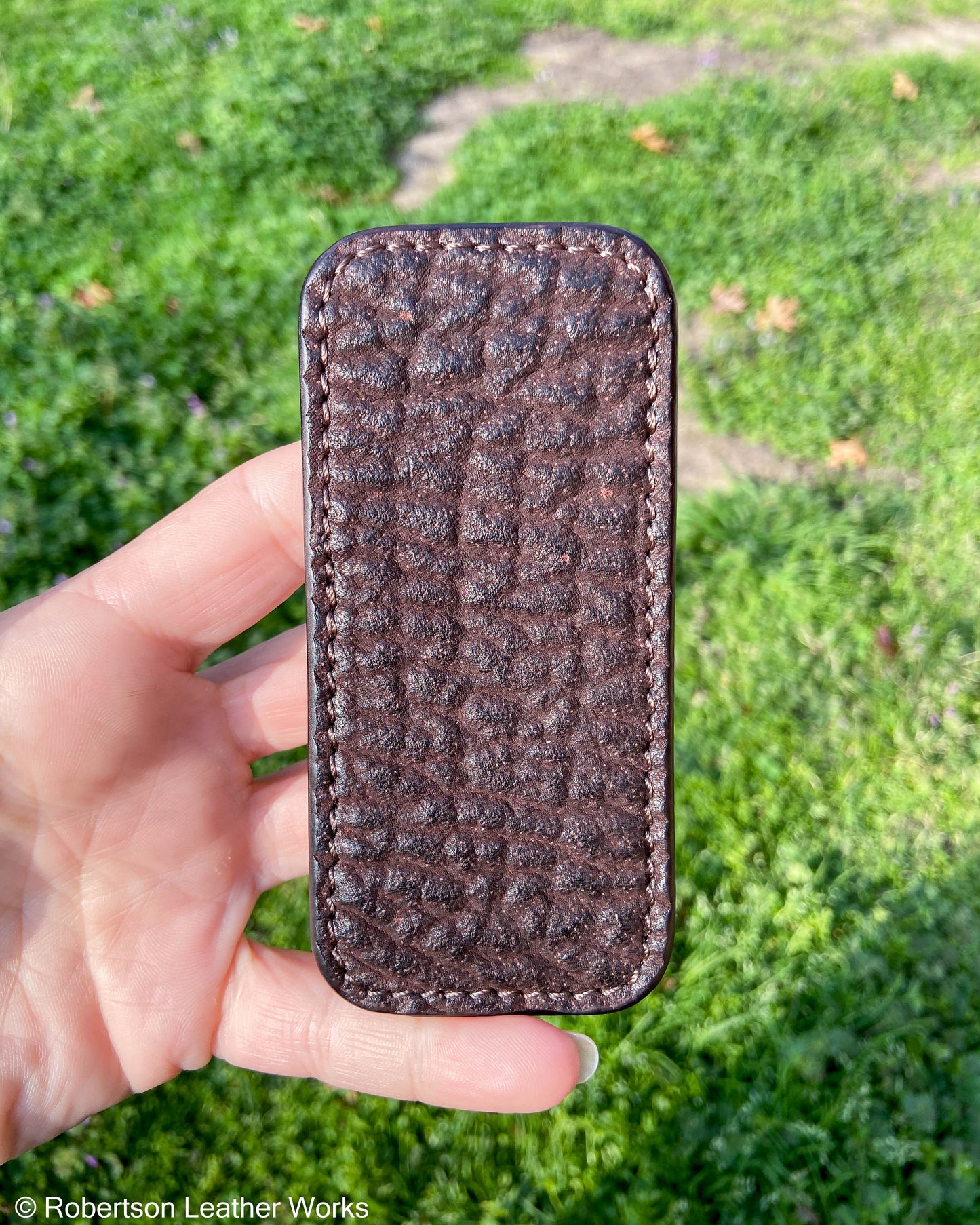 Schmedium Dark Brown Shark Leather Knife Slip, Brown Stitching