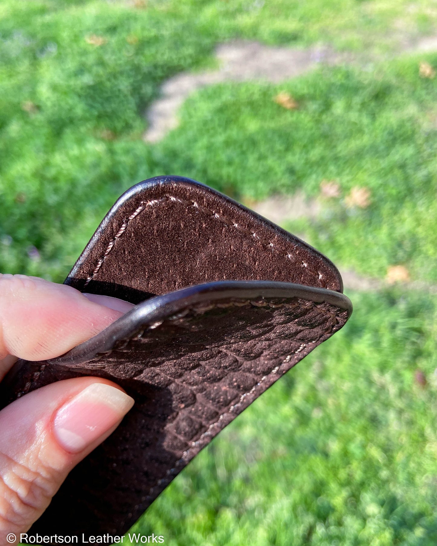 Schmedium Dark Brown Shark Leather Knife Slip, Brown Stitching