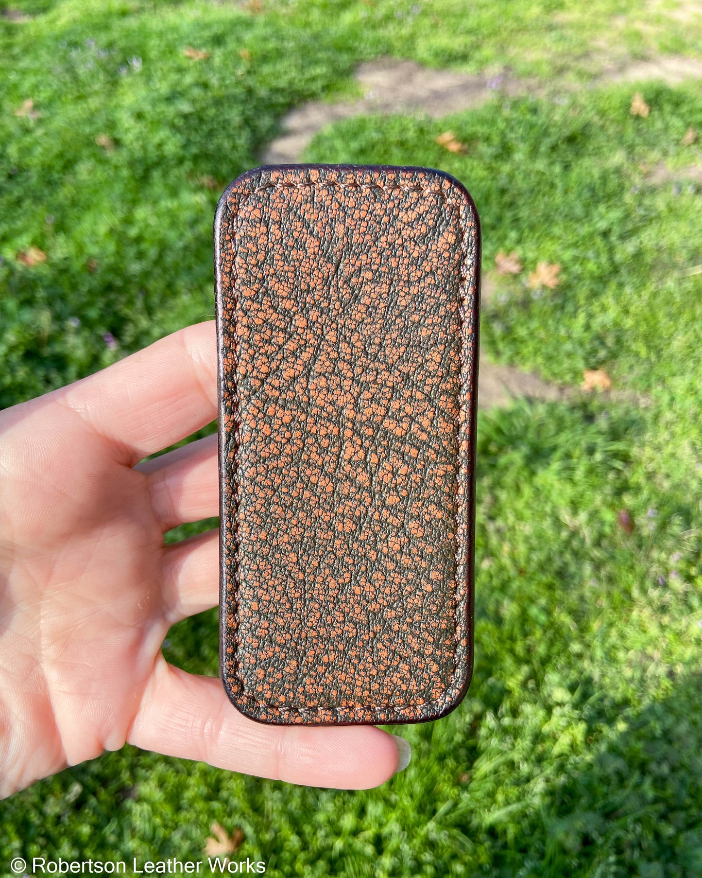 Schmedium Safari Cognac Cape Buffalo Leather Knife Slip, Brown Stitching