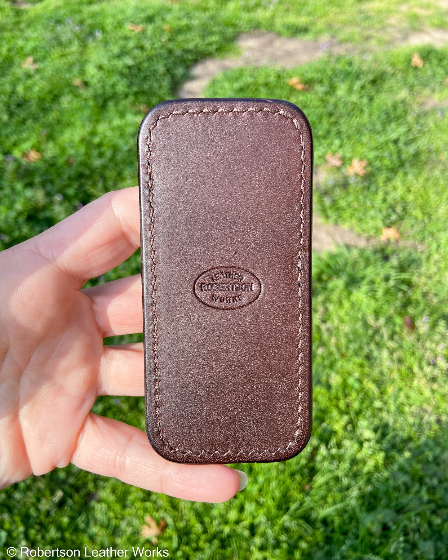 Schmedium Safari Cognac Cape Buffalo Leather Knife Slip, Brown Stitching