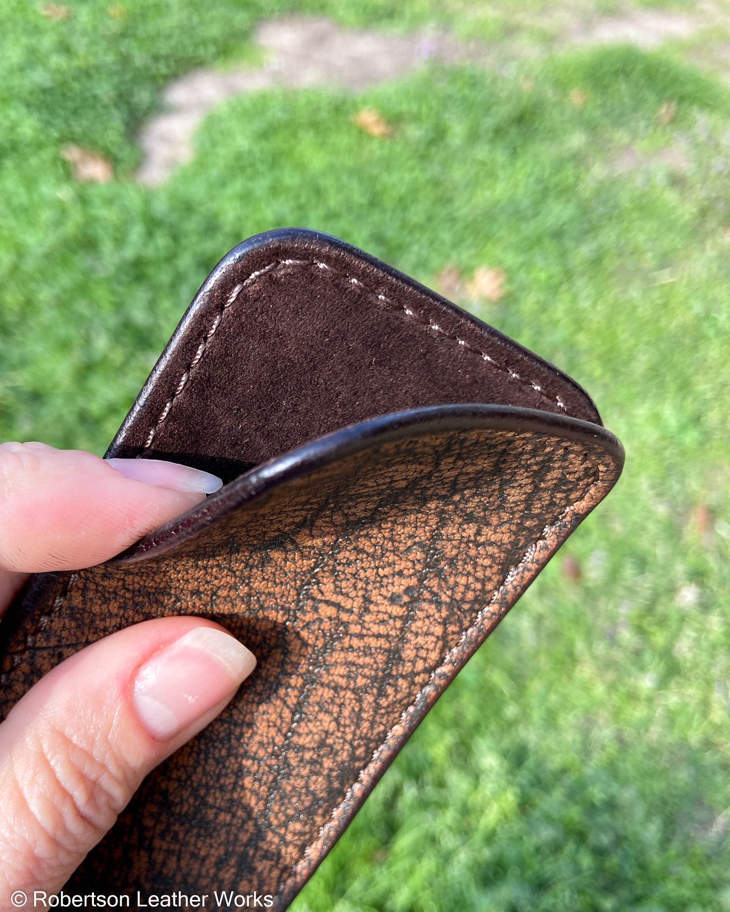 Large Cognac Safari Cape Buffalo Leather Knife Slip, Brown Stitching