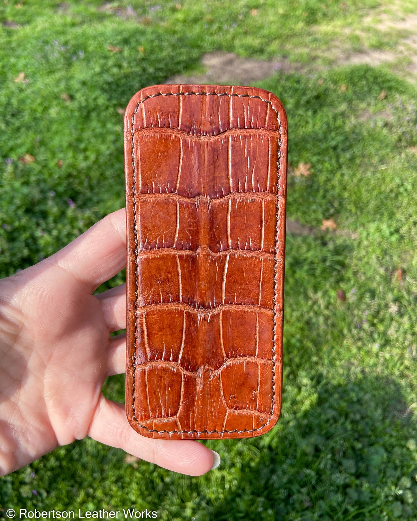 Large Sienna Alligator Leather Knife Slip, Brown Stitching