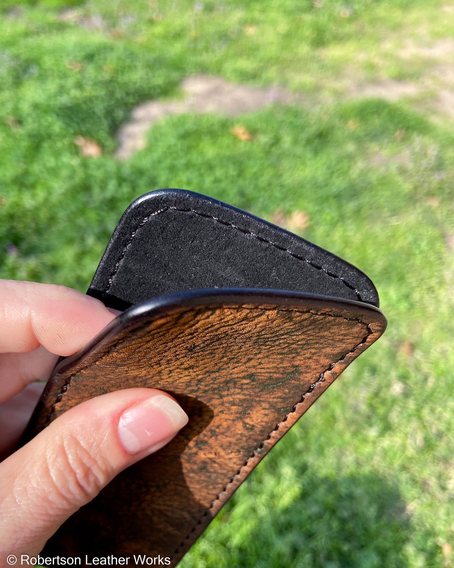 Large Cognac Safari Giraffe Leather Knife Slip, Black Stitching