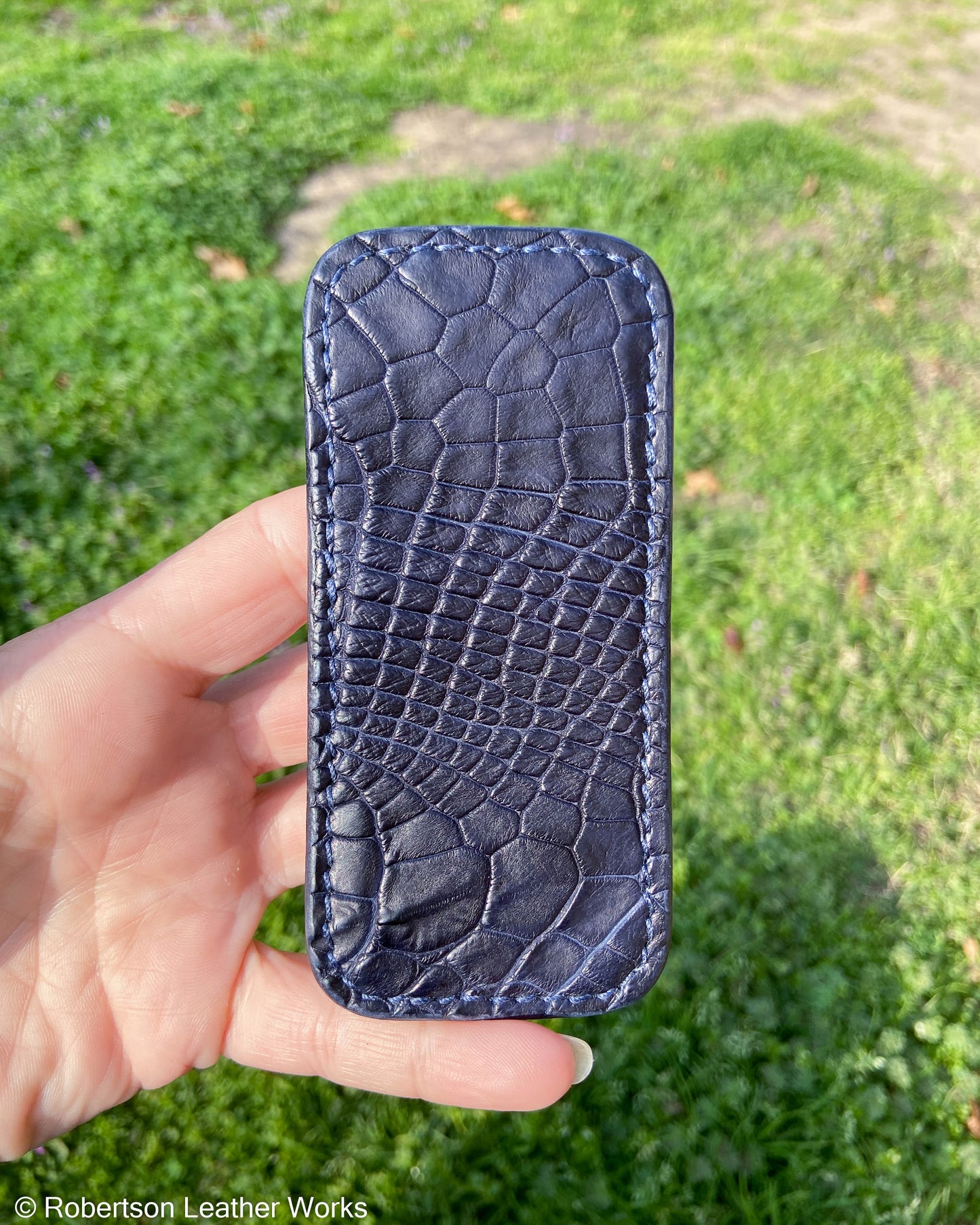 Medium Navy Alligator Leather Knife Slip, Navy Stitching