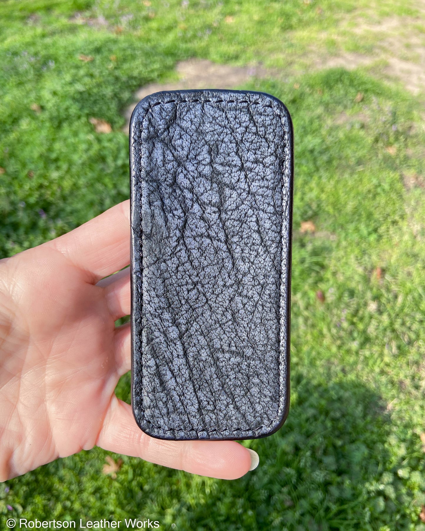 Medium Denim Safari Cape Buffalo Leather Knife Slip, Black Stitching