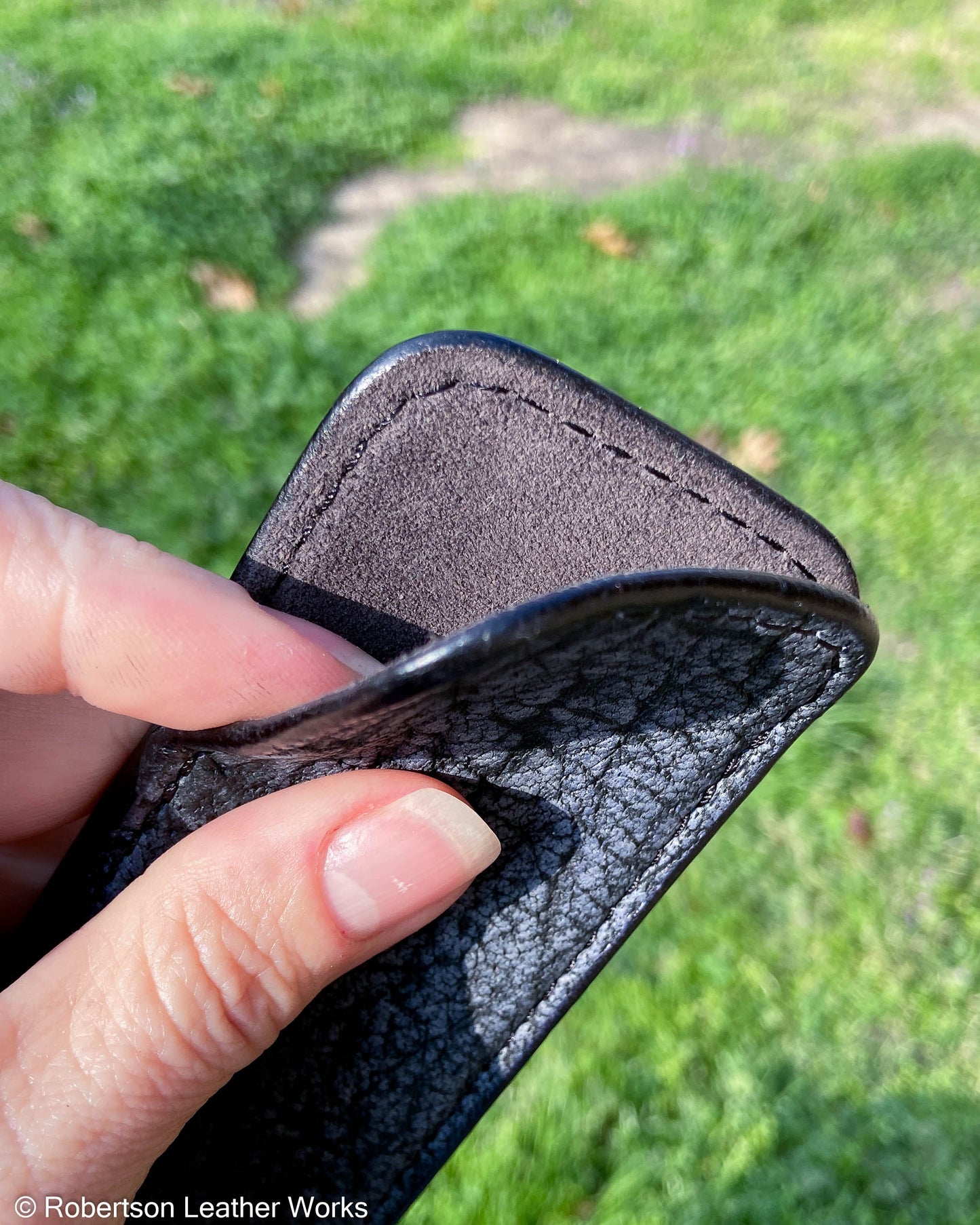 Medium Denim Safari Cape Buffalo Leather Knife Slip, Black Stitching