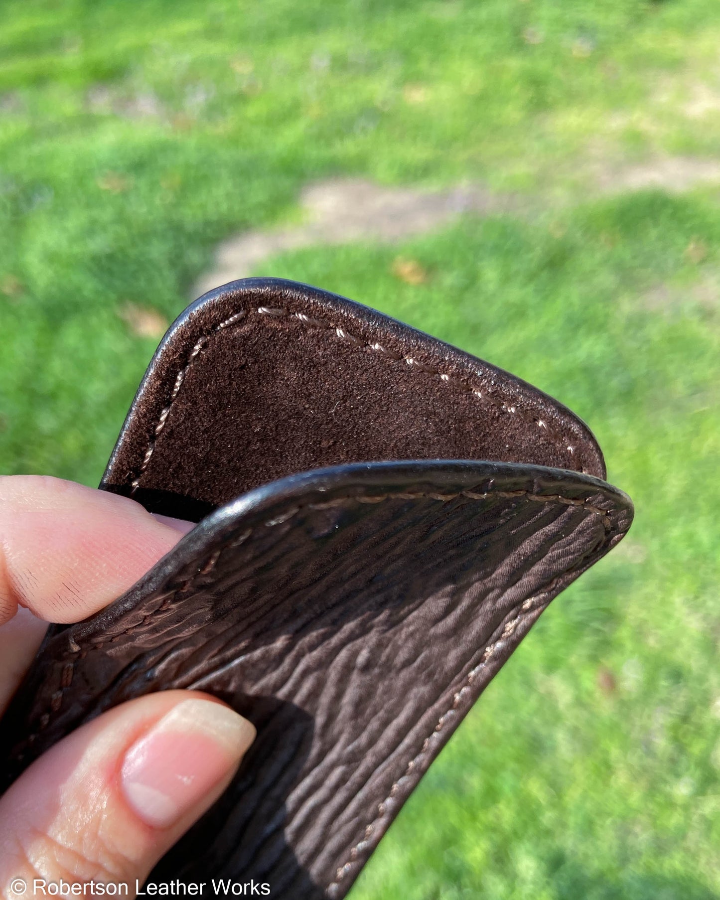 Medium Brown Shark Leather Knife Slip, Brown Stitching