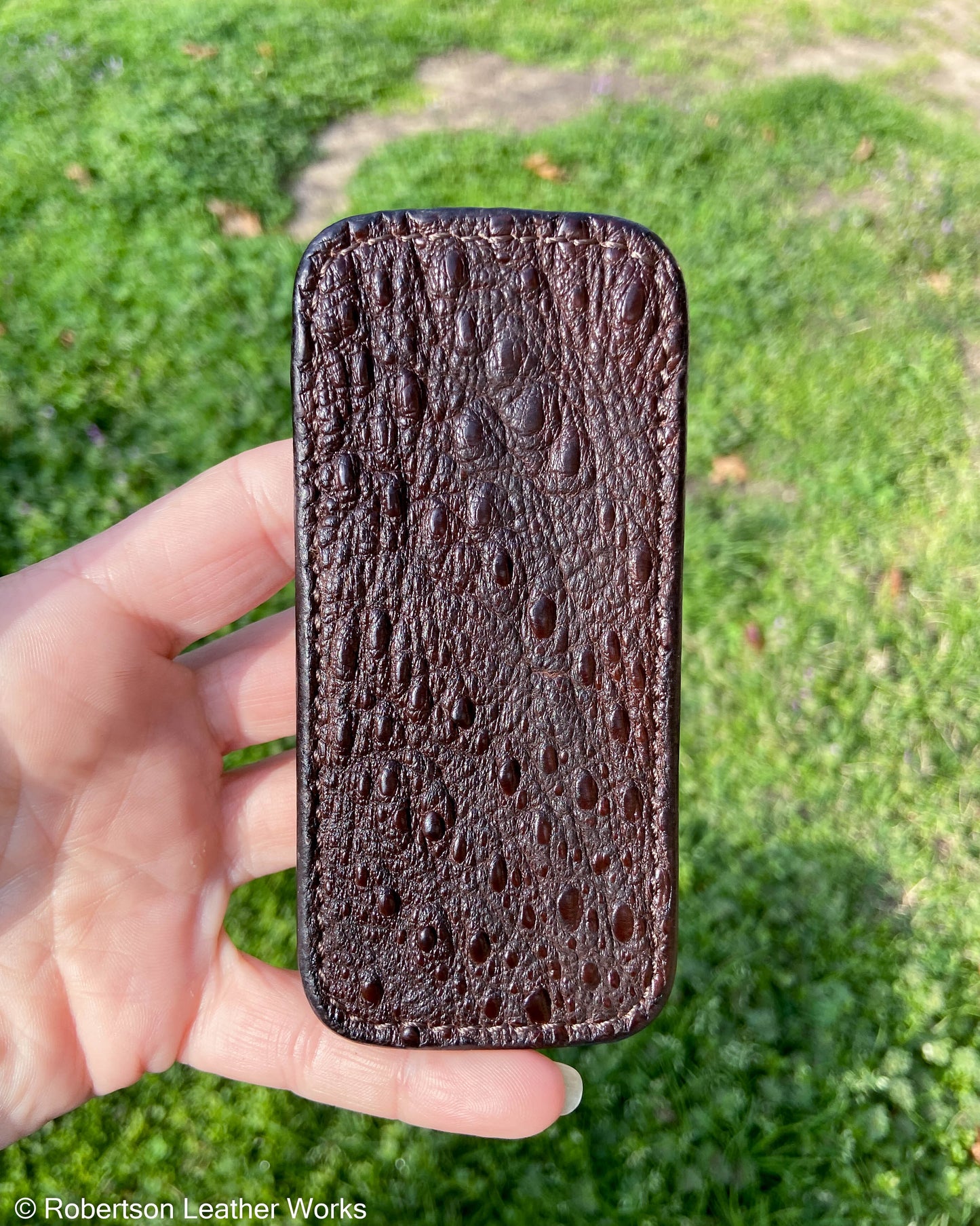 Medium Brown Snapping Turtle Leather Knife Slip, Brown Stitching