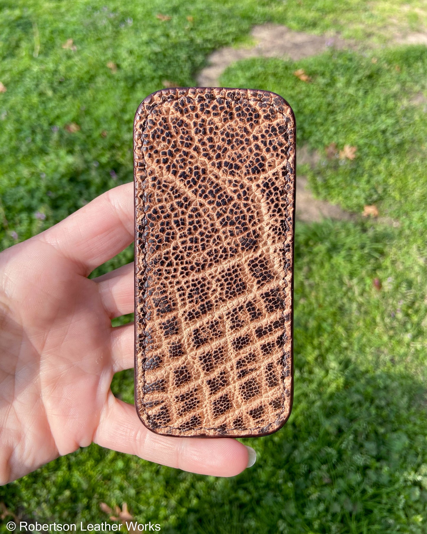 Medium Vintage Peat Elephant Leather Knife Slip, Brown Stitching