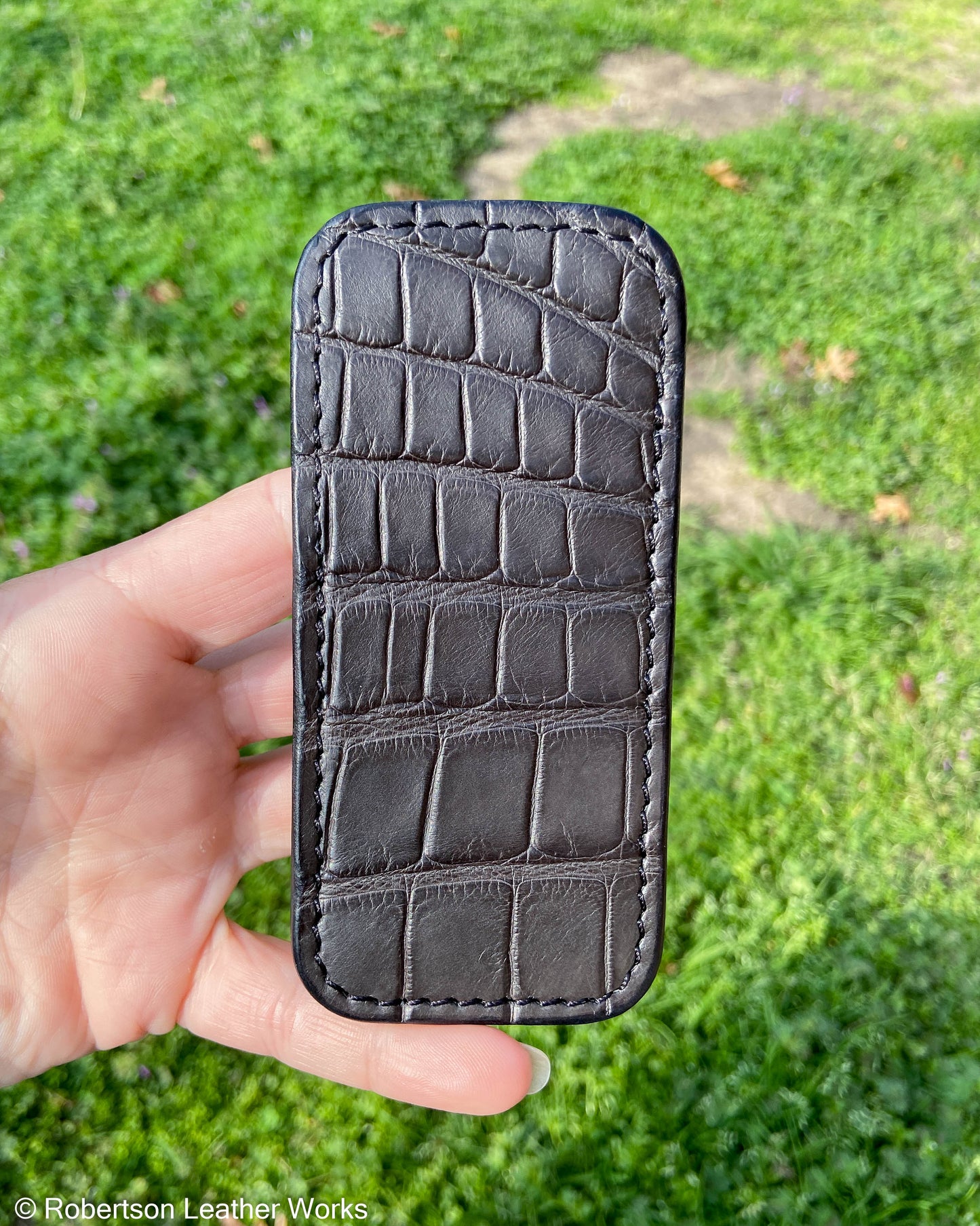 Medium Charcoal Alligator Leather Knife Slip, Black Stitching