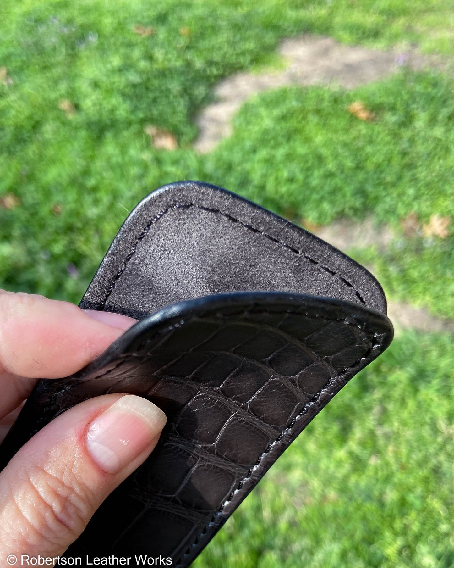 Medium Charcoal Alligator Leather Knife Slip, Black Stitching