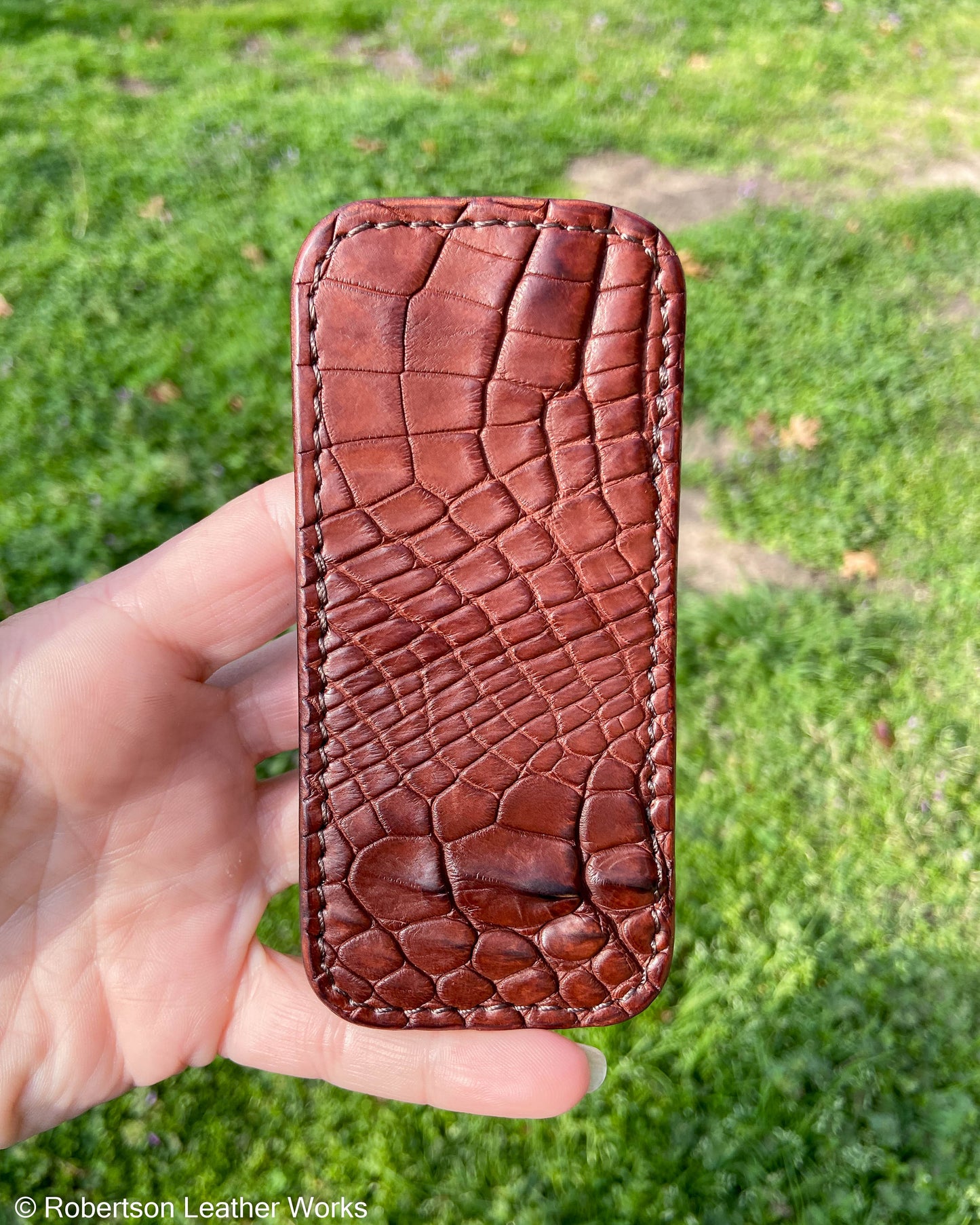 Medium Rust Alligator Leather Knife Slip, Brown Stitching