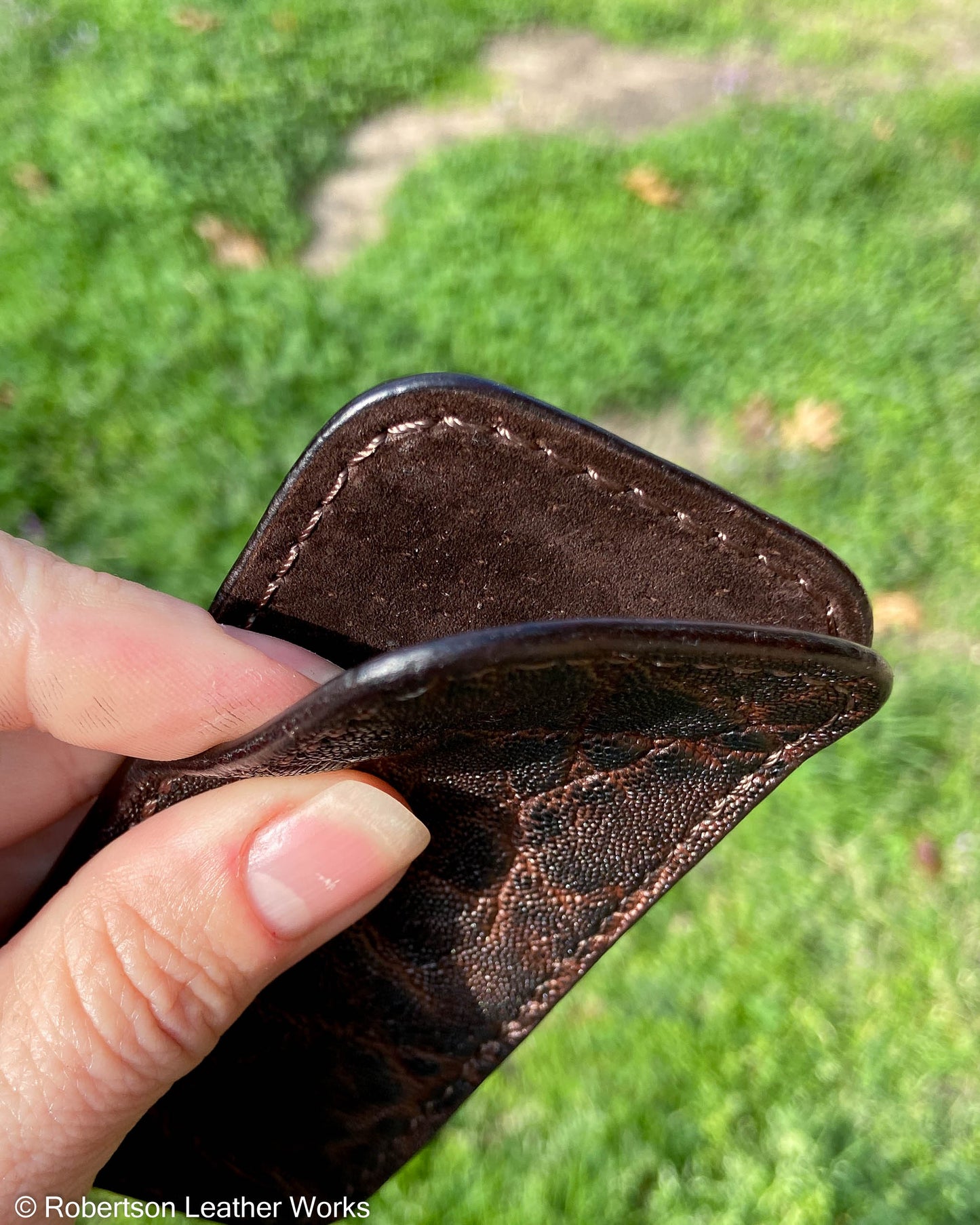 Medium Chocolate Elephant Leather Knife Slip, Brown Stitching