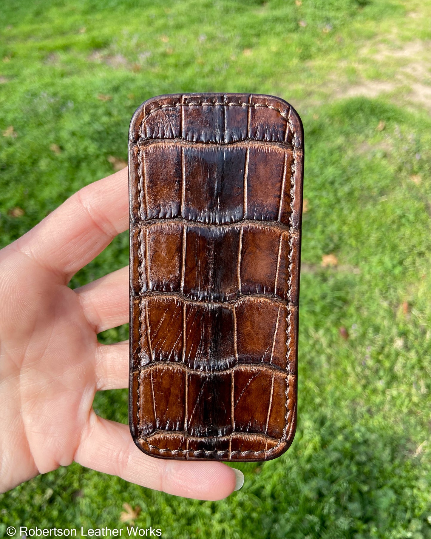 Medium Antique Brown Alligator Leather Knife Slip, Brown Stitching