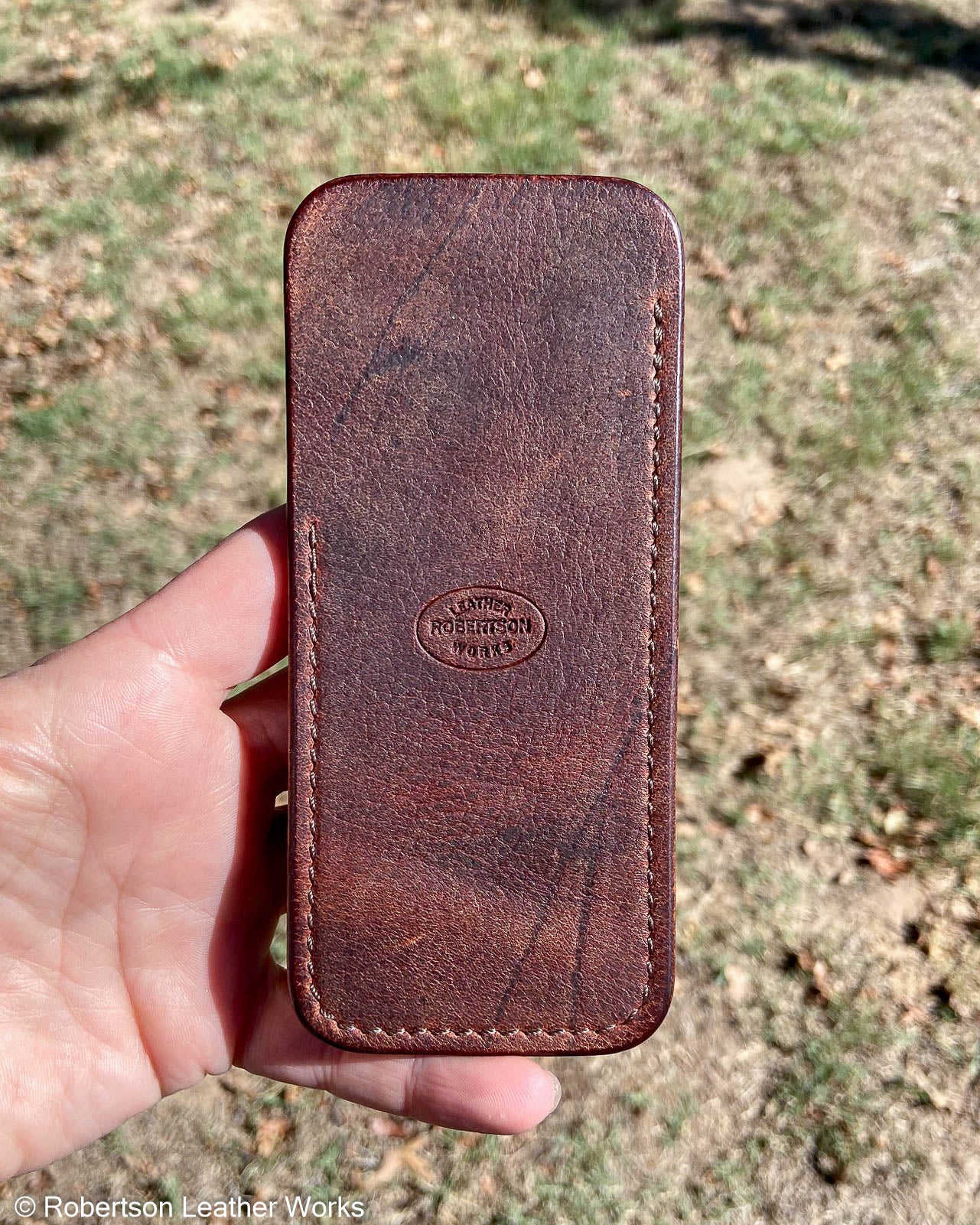 Large Red-Brown Oil Tan Leather Knife Slip, Brown Stitching