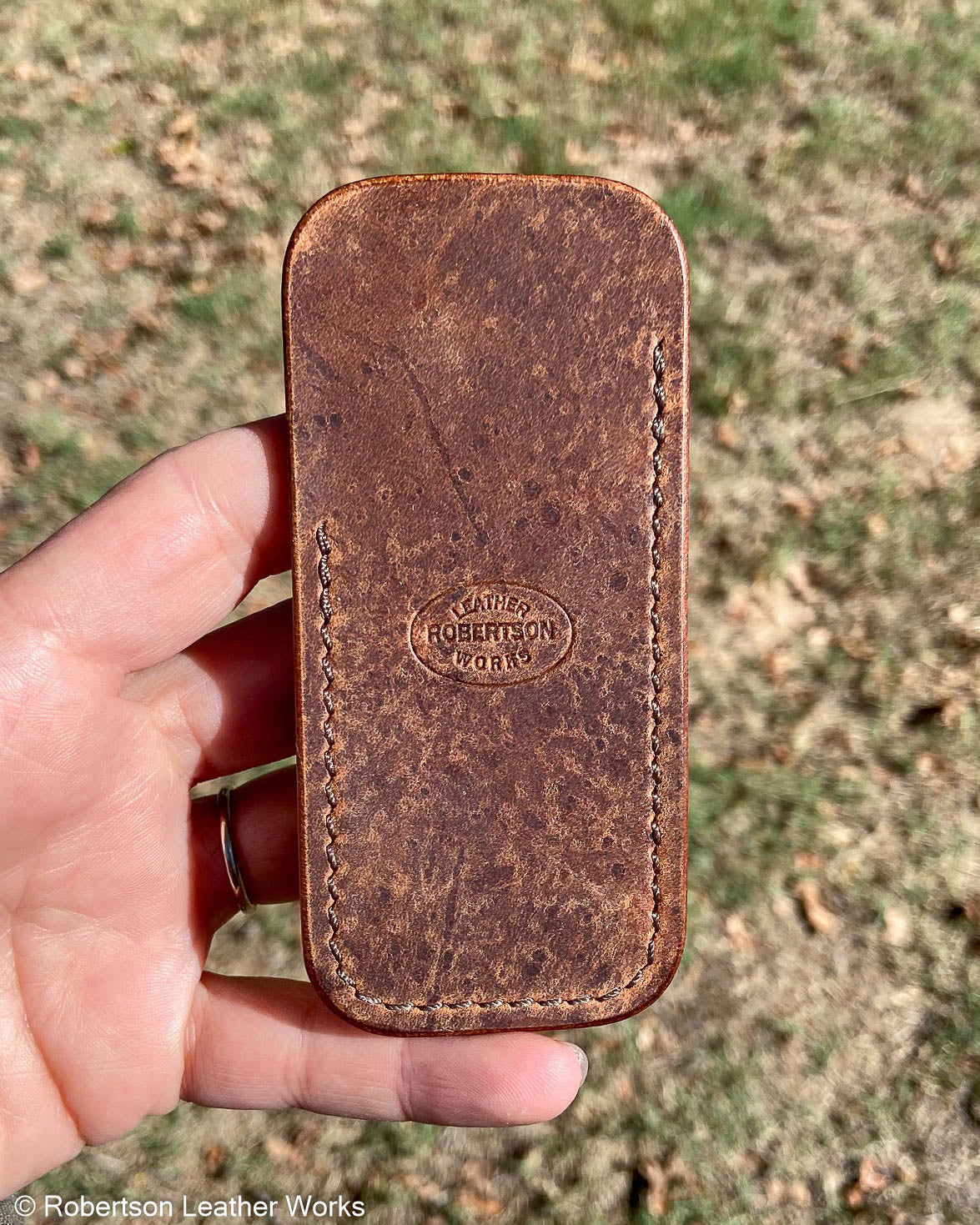 Small Rustic Brown Oil Tan Leather Knife Slip, Brown Stitching