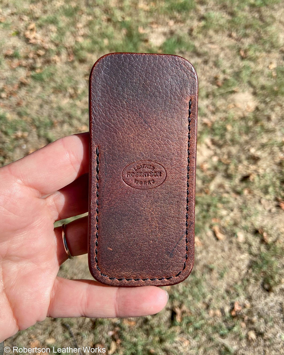 Small Red-Brown Oil Tan Leather Knife Slip, Black Stitching