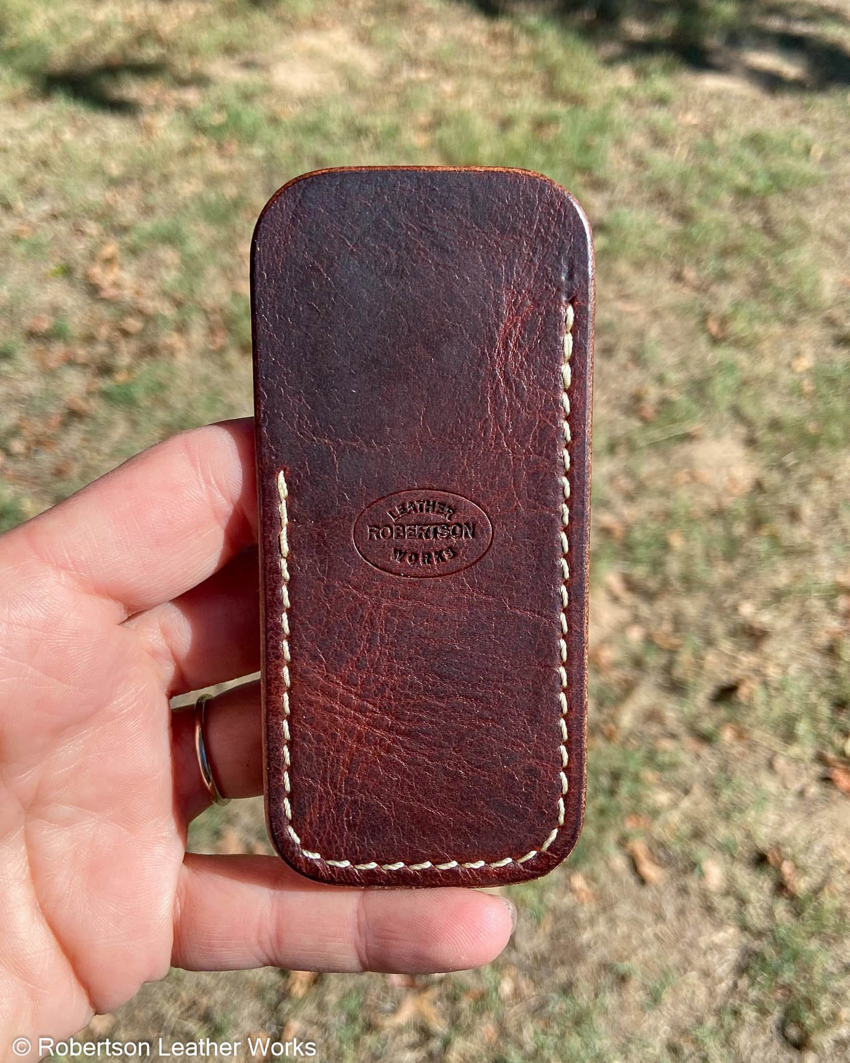 Small Maroon Oil Tan Leather Knife Slip, Cream Stitching