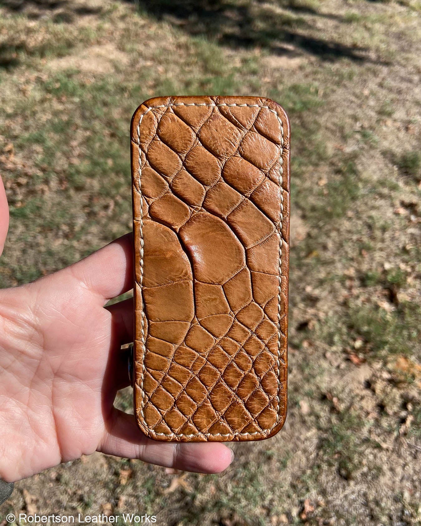 Large Tan Alligator Leather Knife Slip, Cream Stitching