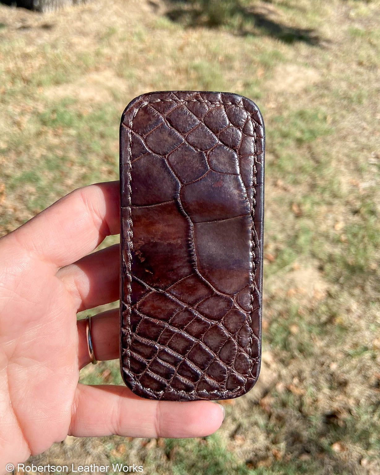 Small Dark Brown Alligator Leather Knife Slip, Brown Stitching