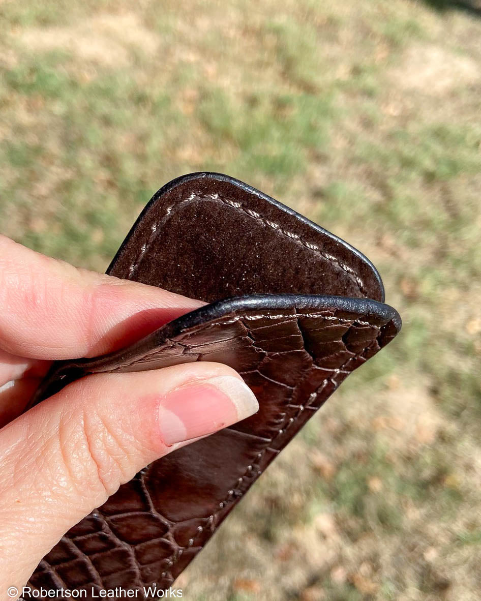 Small Dark Brown Alligator Leather Knife Slip, Brown Stitching