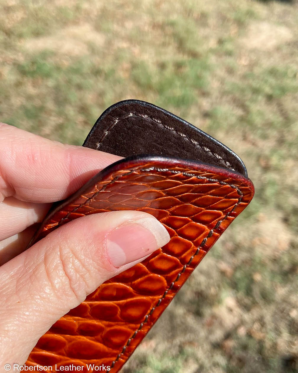 Small Sienna Alligator Leather Knife Slip, Brown Stitching