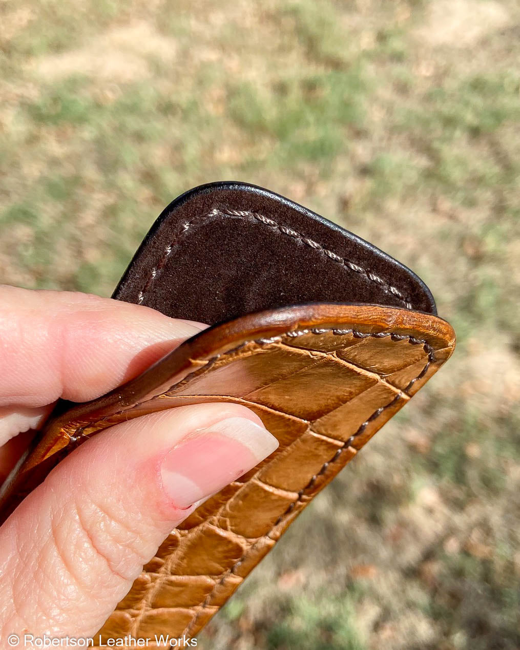 Small Tan Alligator Leather Knife Slip, Brown Stitching