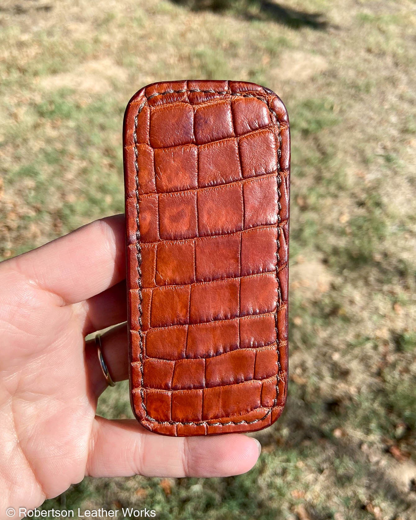 Small Cognac Alligator Leather Knife Slip, Brown Stitching