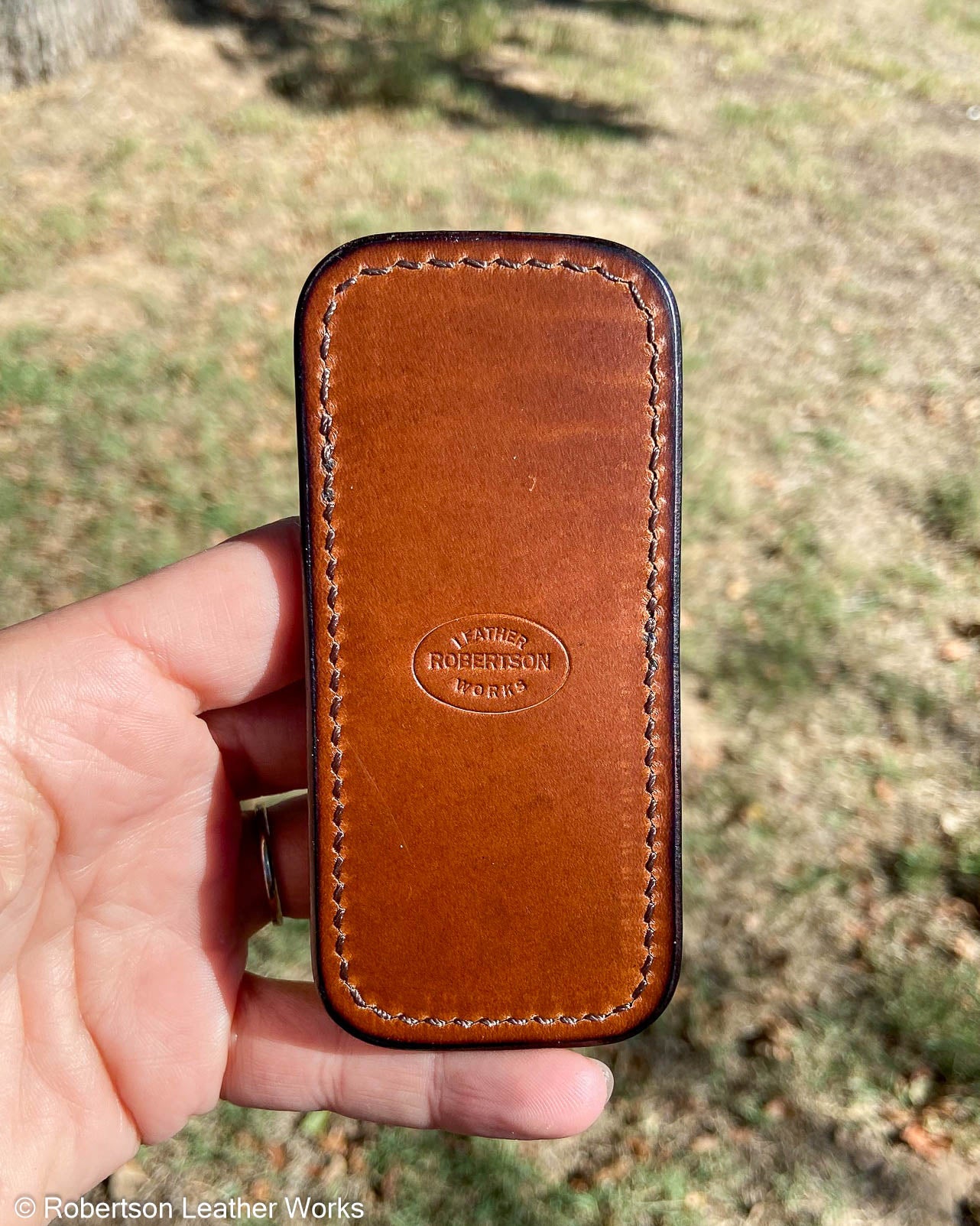 Small Cognac Safari Giraffe Leather Knife Slip, Brown Stitching