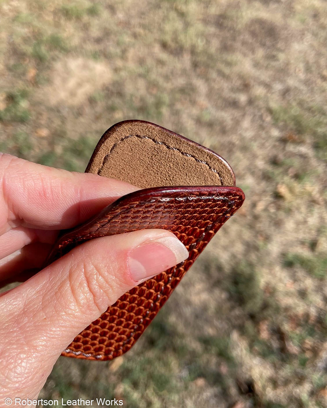 Micro Rust Lizard Leather Knife Slip, Brown Stitching