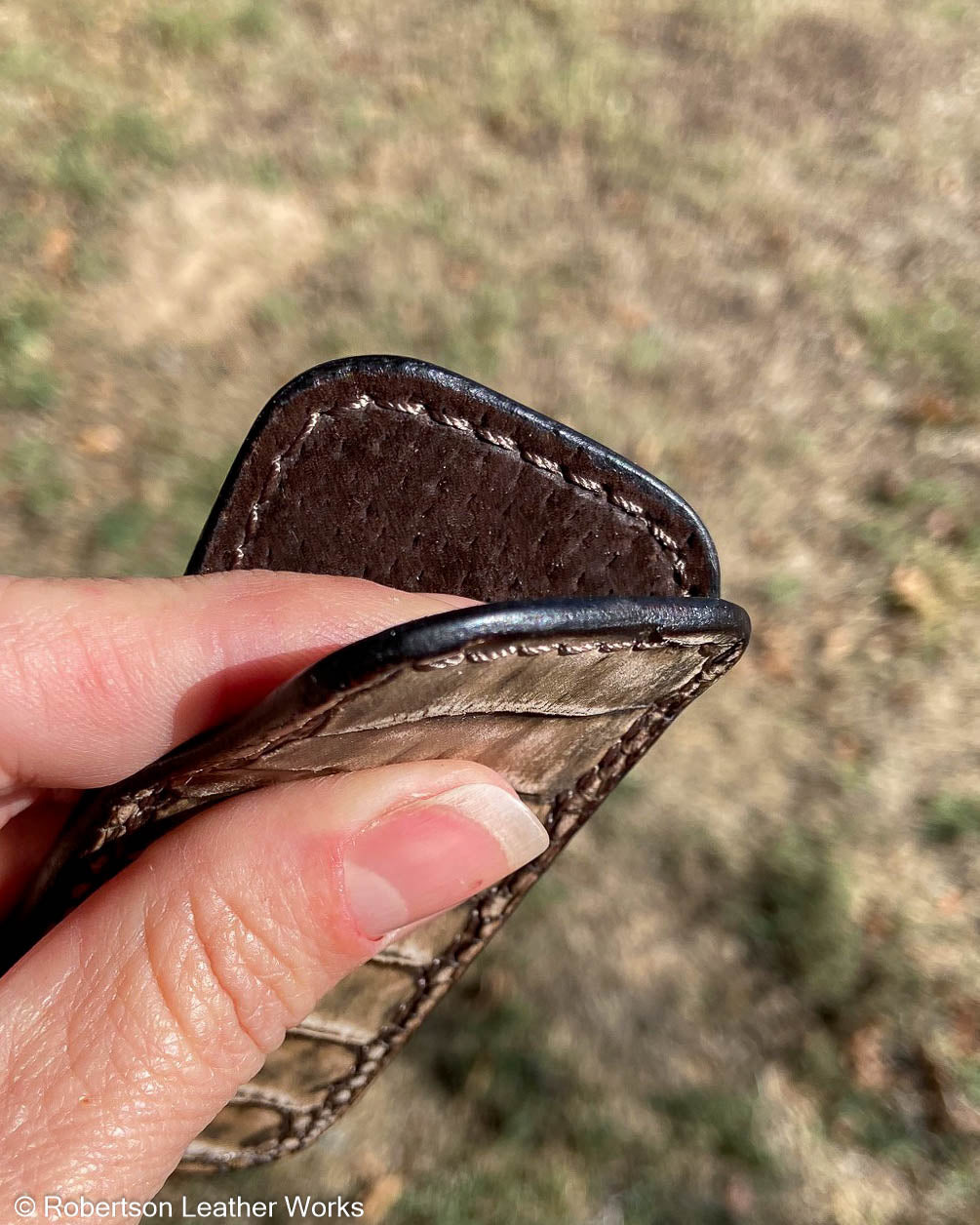 Micro Cigar Brown Ostrich Leg Leather Knife Slip, Brown Stitching