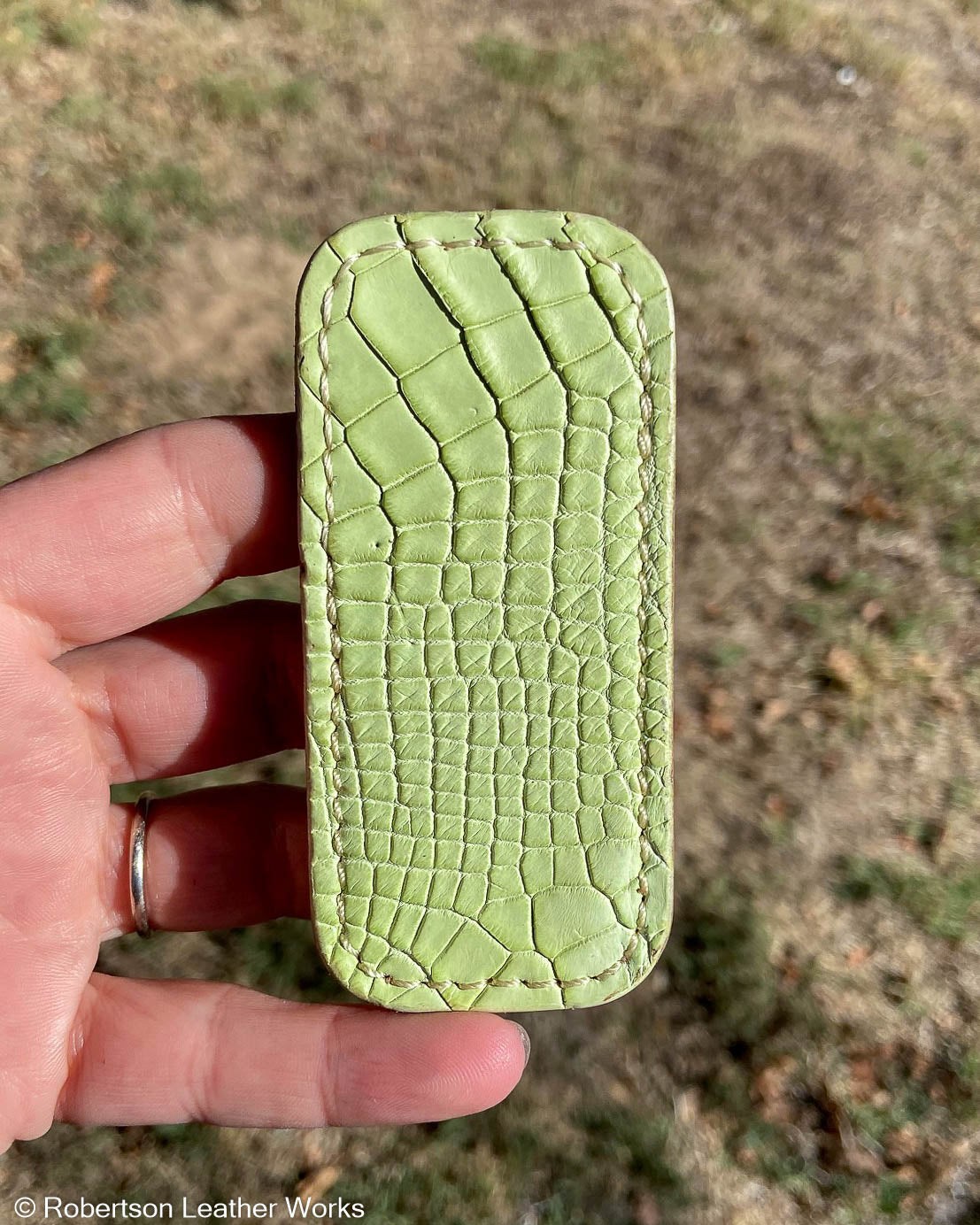 Micro Light Green Alligator Leather Knife Slip, Cream Stitching