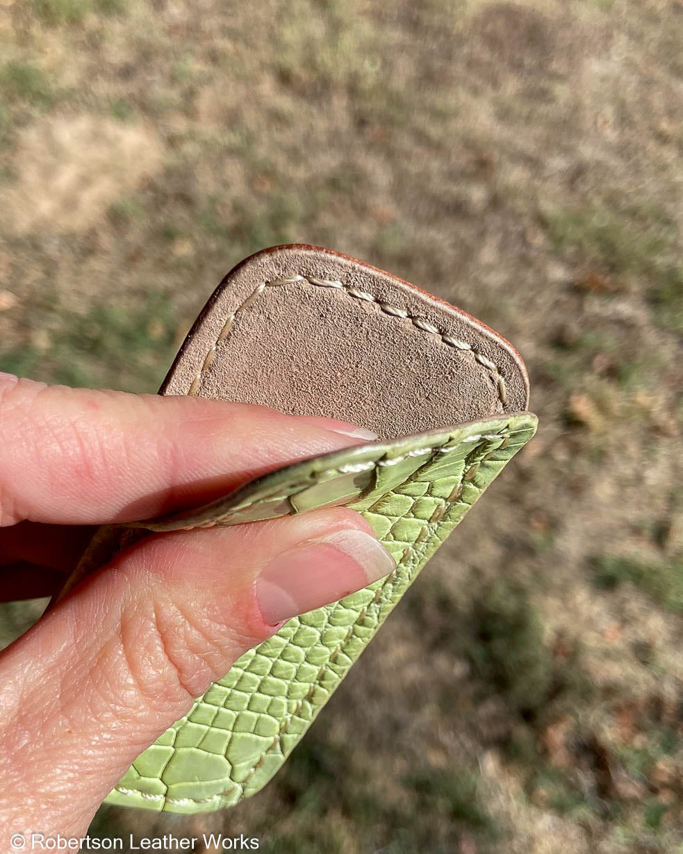 Micro Light Green Alligator Leather Knife Slip, Cream Stitching