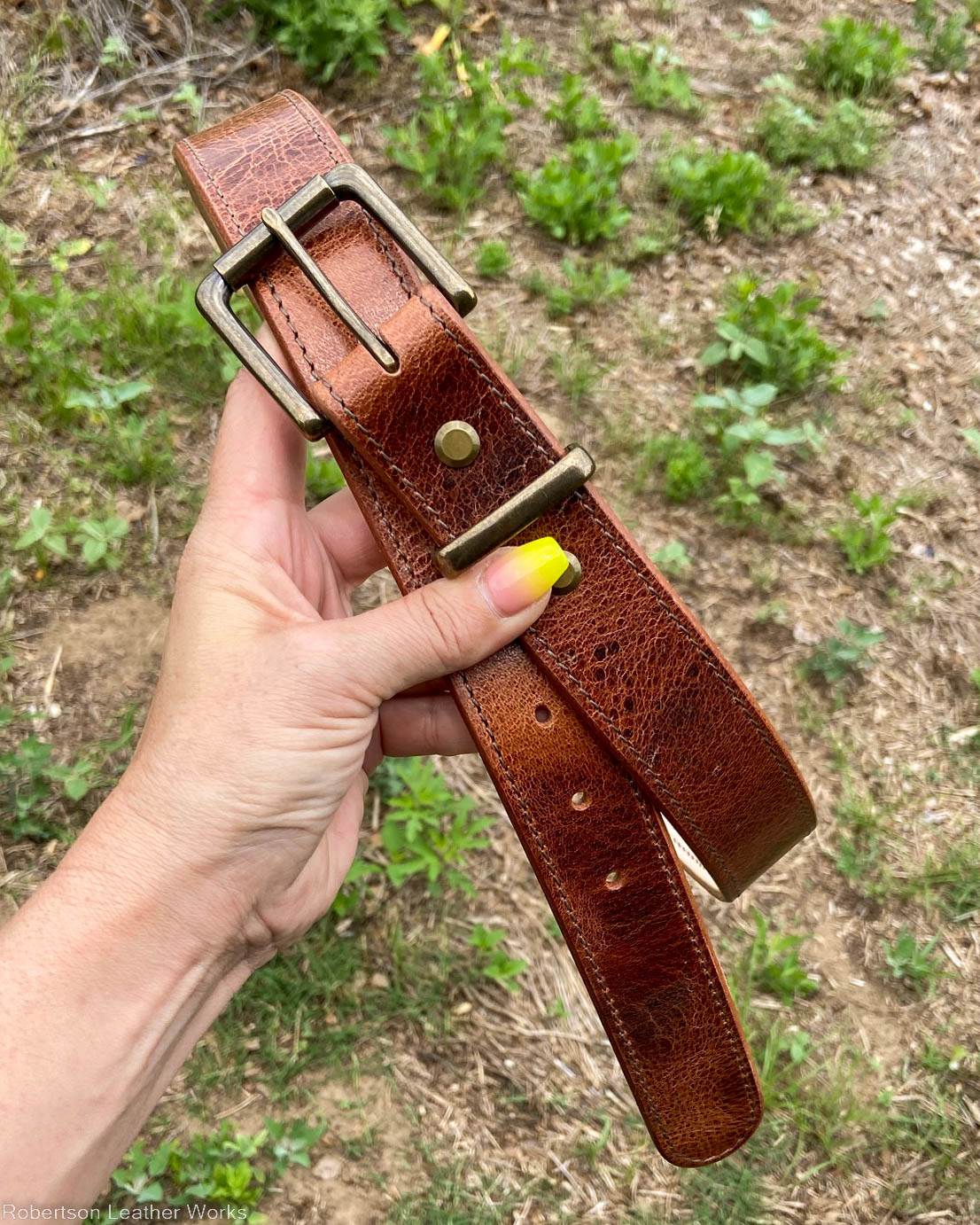 Vintage Tan Water Buffalo Leather Belt, Brown Stitching