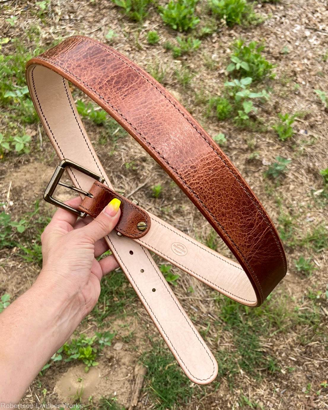 Vintage Tan Water Buffalo Leather Belt, Brown Stitching