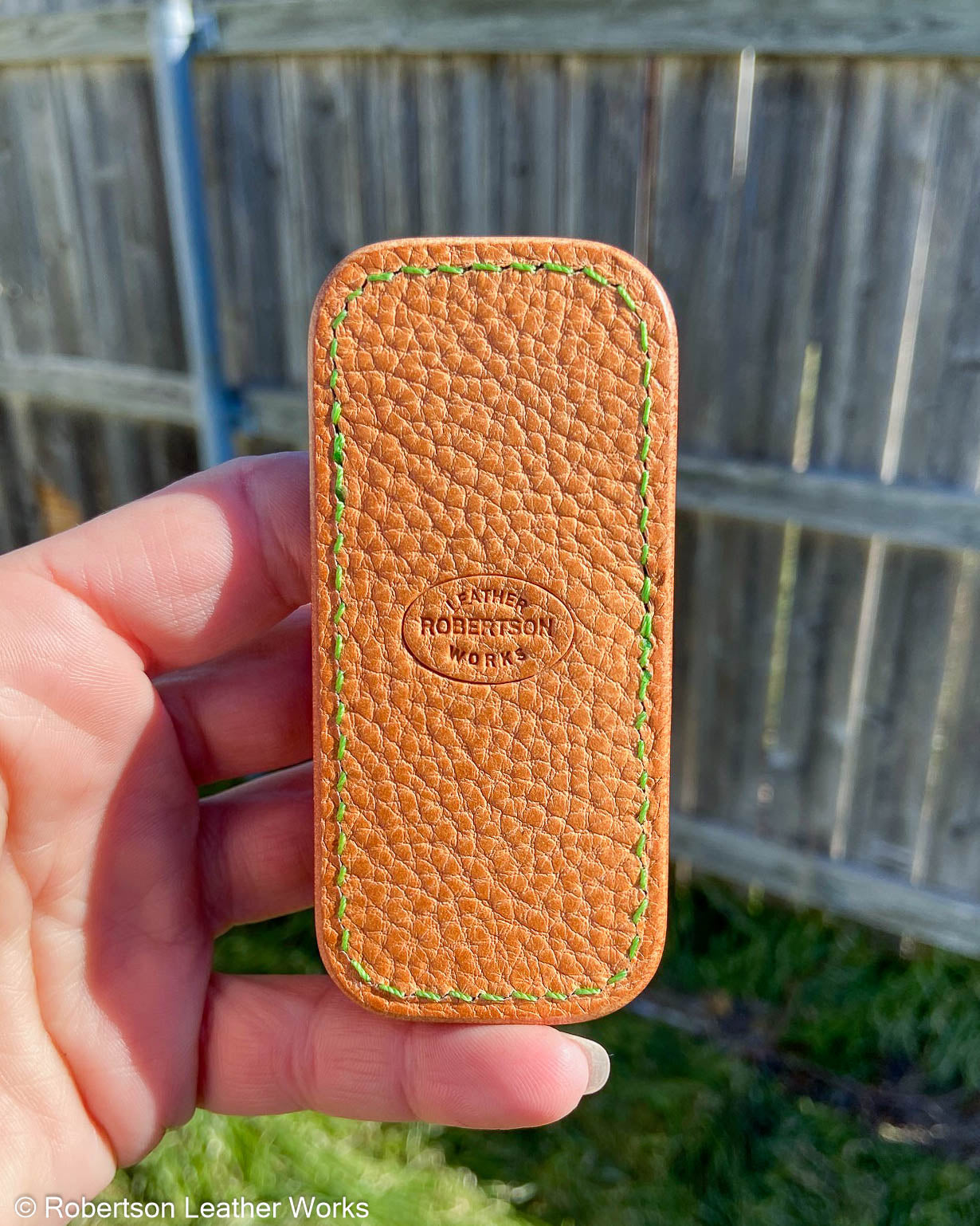 Micro H.D. Tan-Green Alligator Leather Knife Slip, Green Stitching