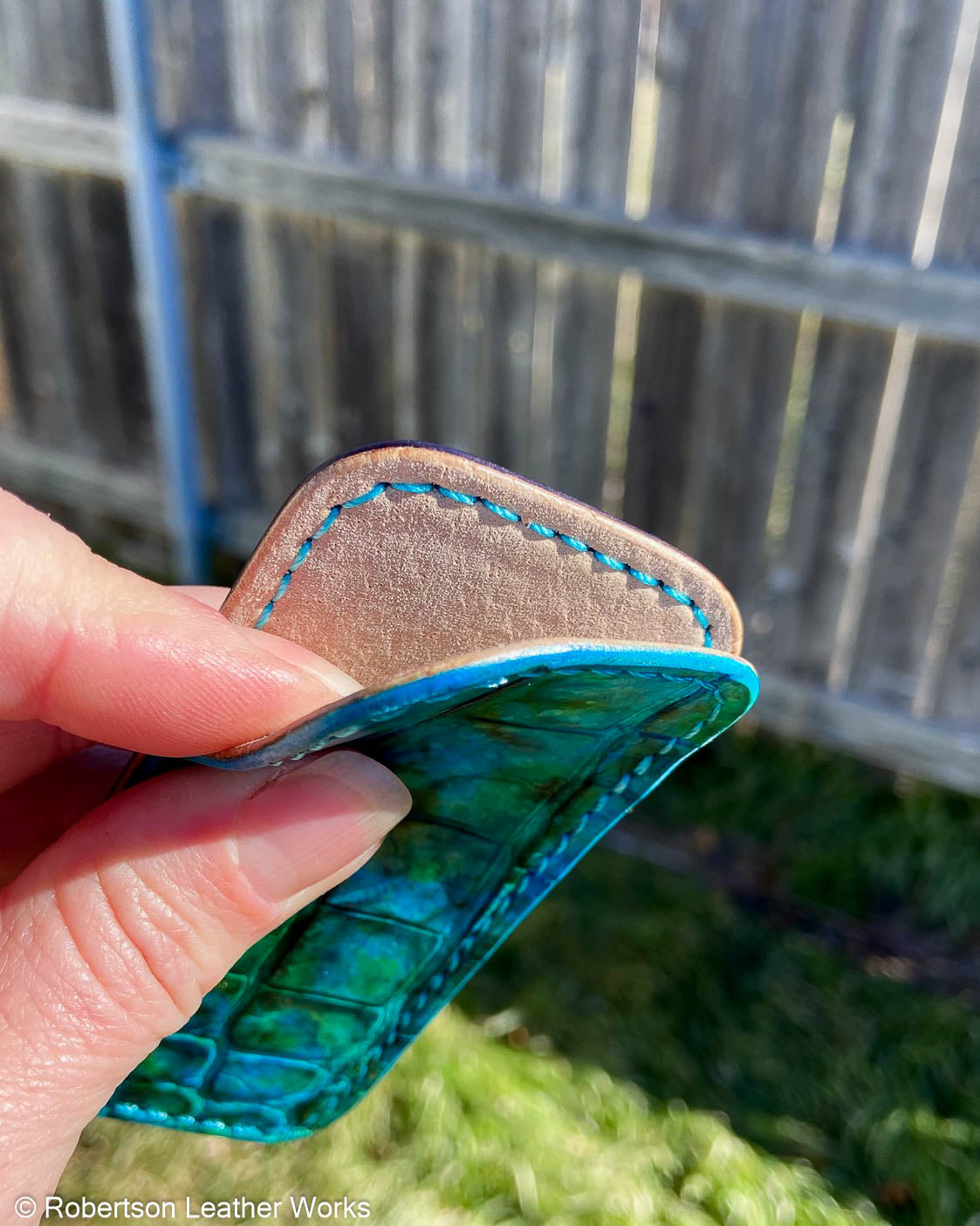 Small H.D. Turquoise Alligator Leather Knife Slip, Turquoise Stitching