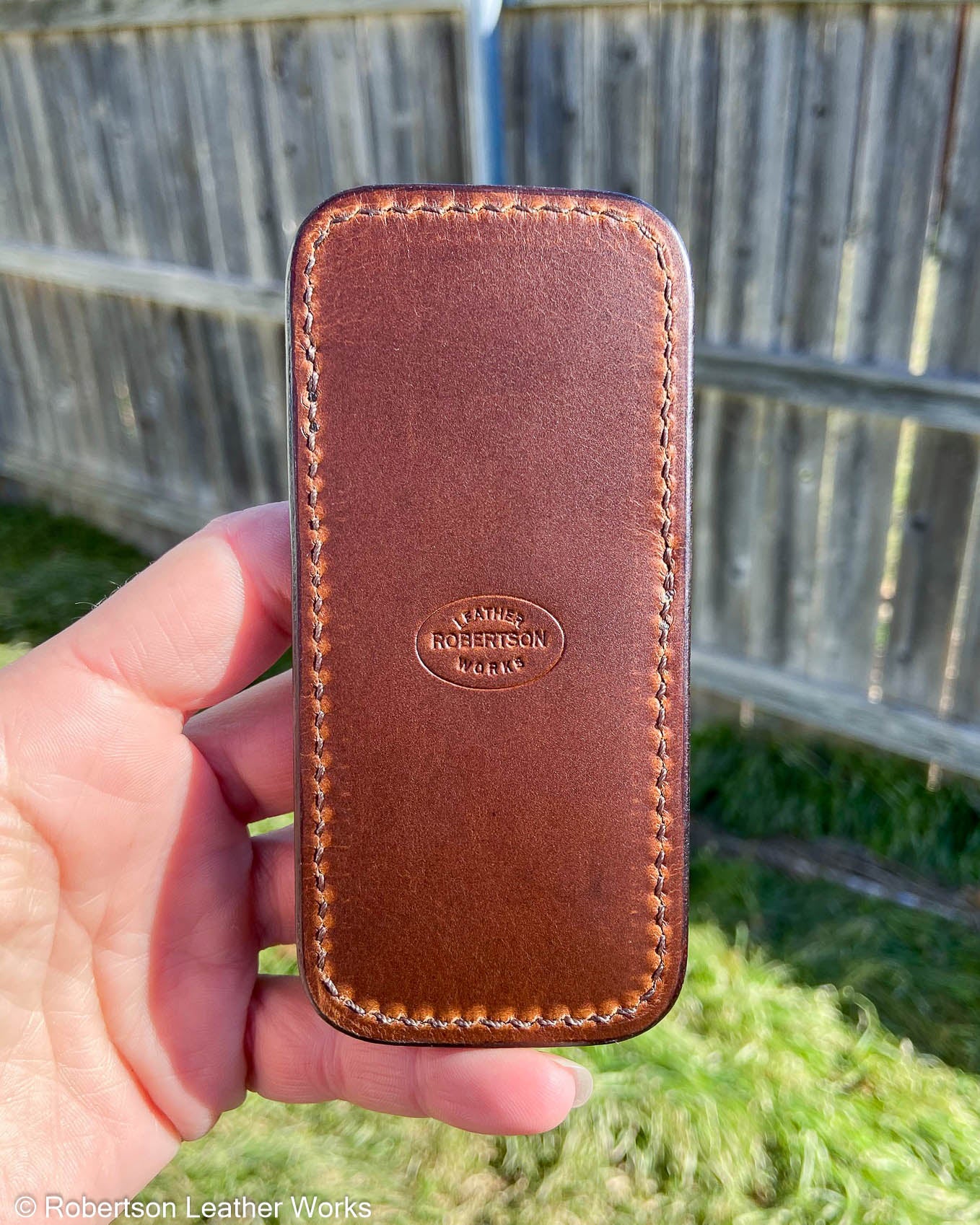 Medium H.D. Brown-Tan Caiman Leather Knife Slip, Brown Stitching