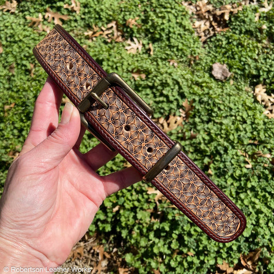 2-Tone Floral Stamped Leather Belt