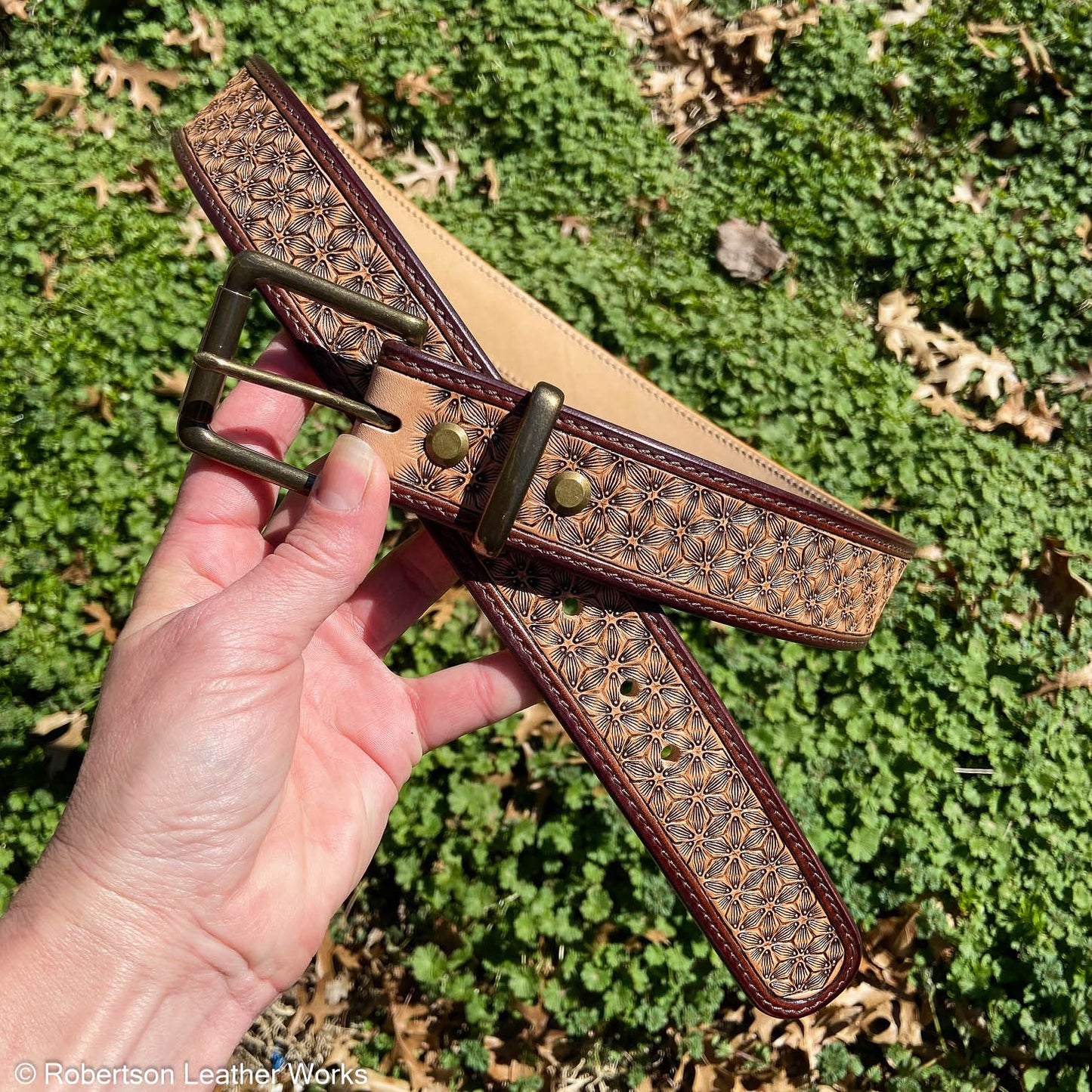 2-Tone Floral Stamped Leather Belt