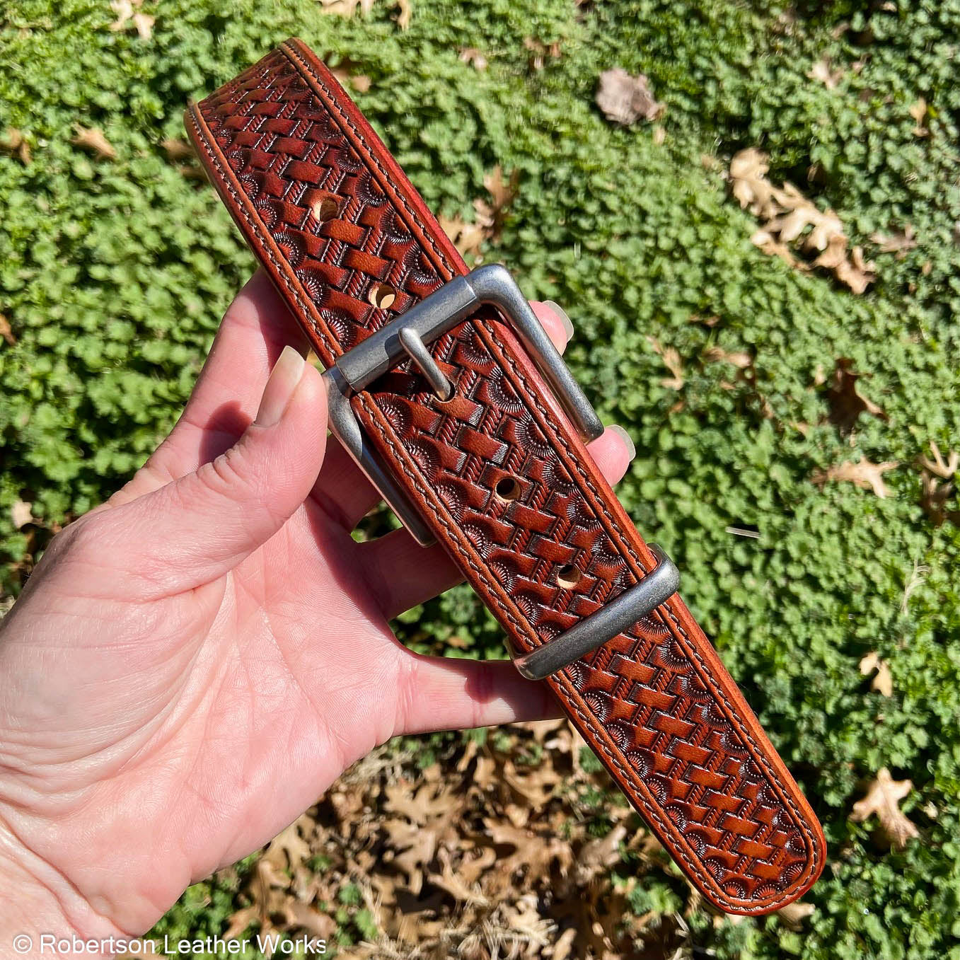 Light Brown Basket Stamped Leather Belt