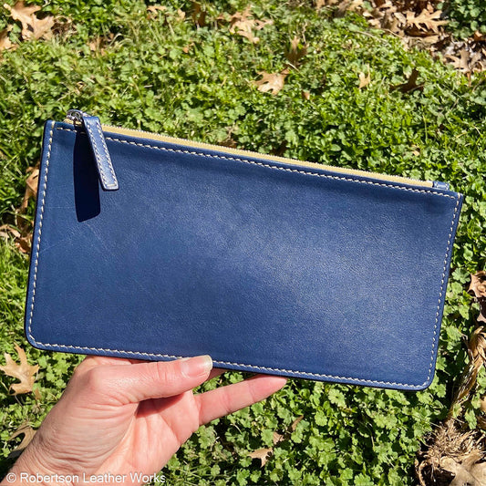 Zipper Pouch/ Cash Bag in Blue Ikon Leather